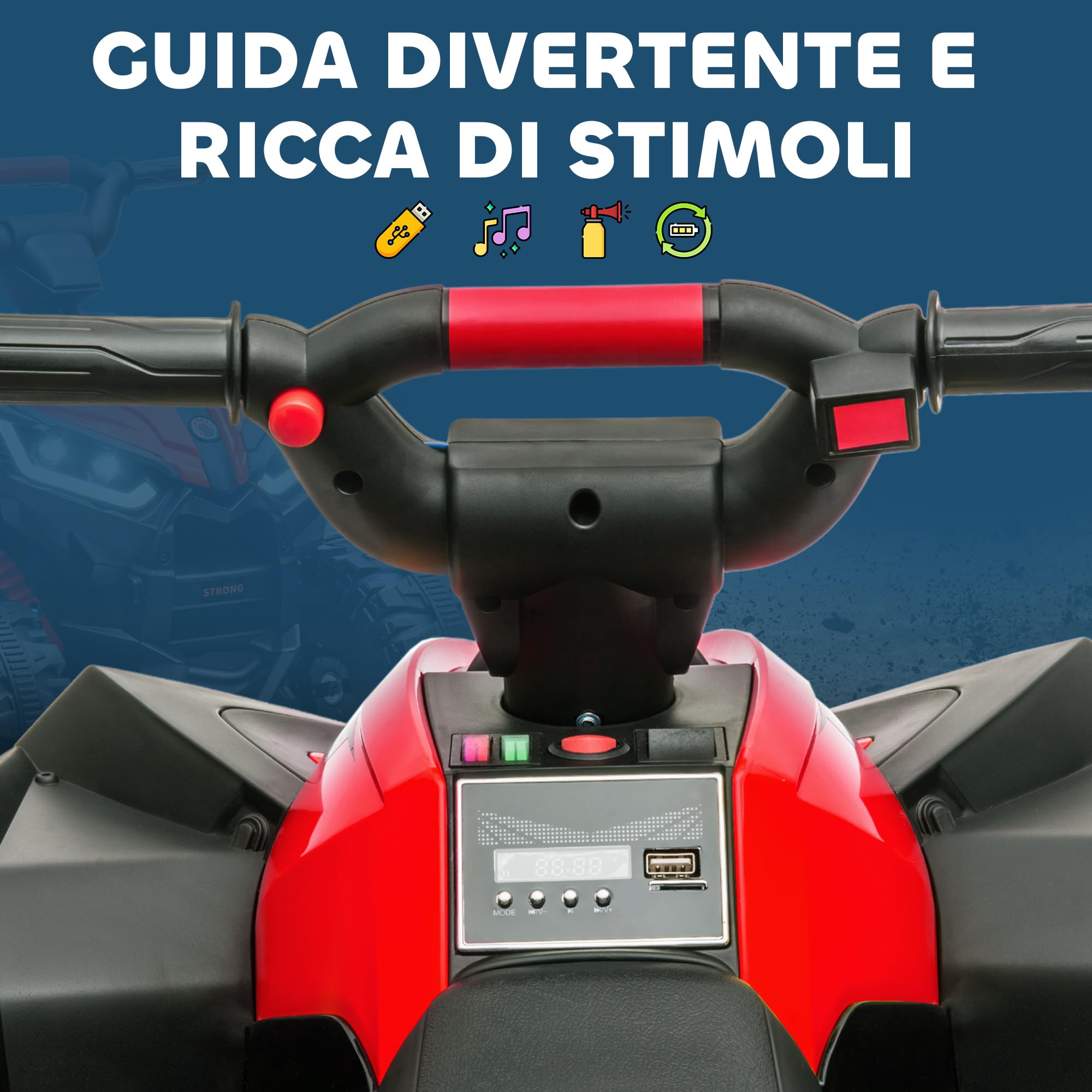 HOMCOM Quad Elettrico per Bambini 12V ATV, Macchina Elettrica con Doppio Motore e 2 Velocità, Ruote Larghe con Fari LED, Clacson e Musica, Età 3-5 Anni, Rosso