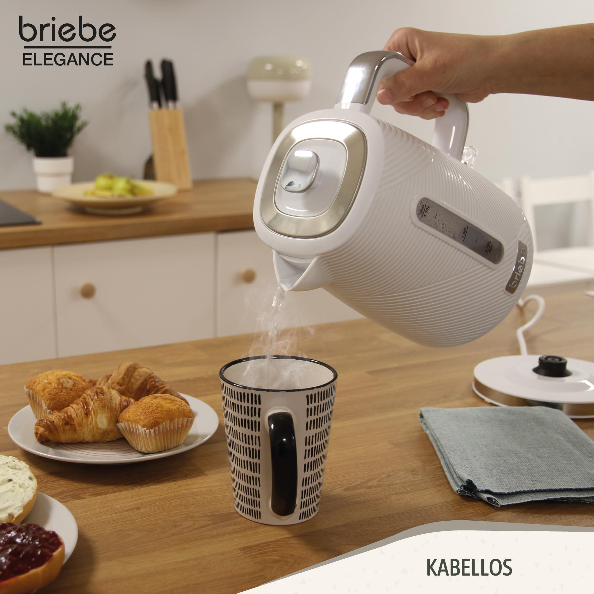 briebe Elegance Toaster Set Breiter Schlitz 2 Scheiben 7 Bräunungsstufen Wasserkocher 1,7L Kabellos 2200W BPA Frei Weiß