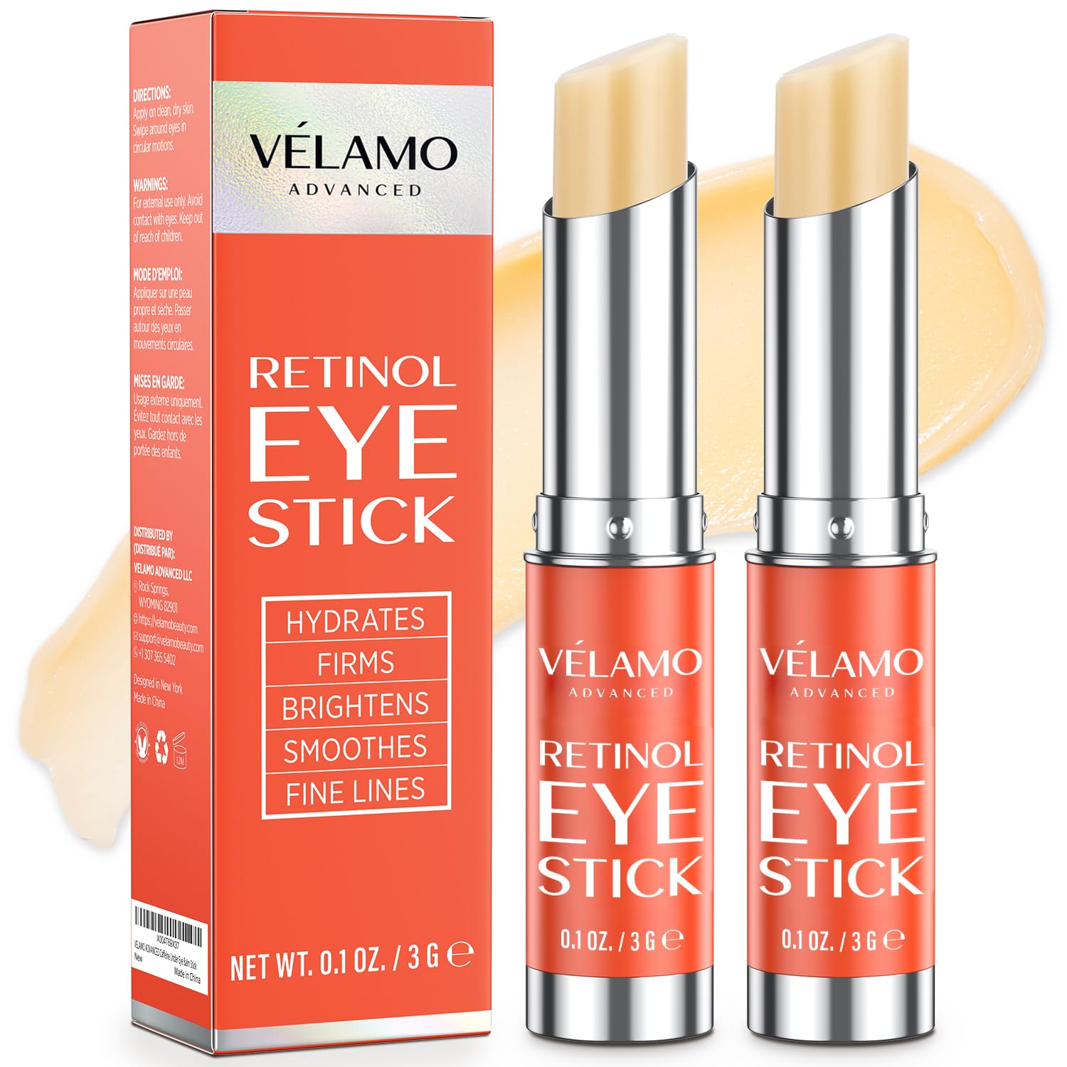 VELAMO ADVANCED Retinol Eye Stick: Retinol Under Eye Cream for Dark Circles and Puffiness with 1% Bakuchiol - Anti Aging Balm Stick Reduces Fine Lines Wrinkles Under Eye Bags in 4-8 Weeks - 2 Packs