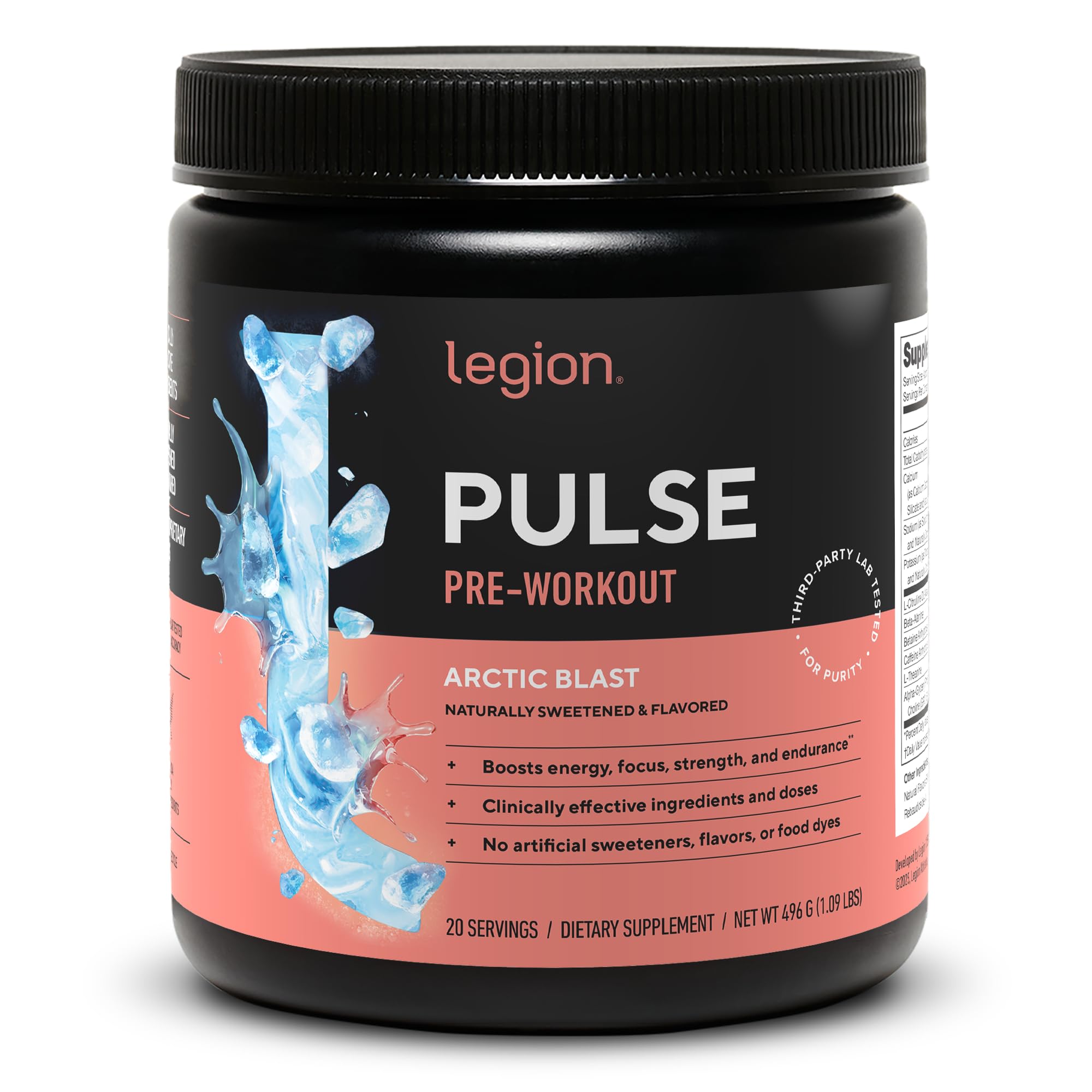 Legion Pulse Pre Workout Supplement - All Natural Nitric Oxide Preworkout Drink to Boost Energy & Endurance. Creatine Free, Naturally Sweetened & Flavored, Safe & Healthy. Arctic Blast, 21 Serving
