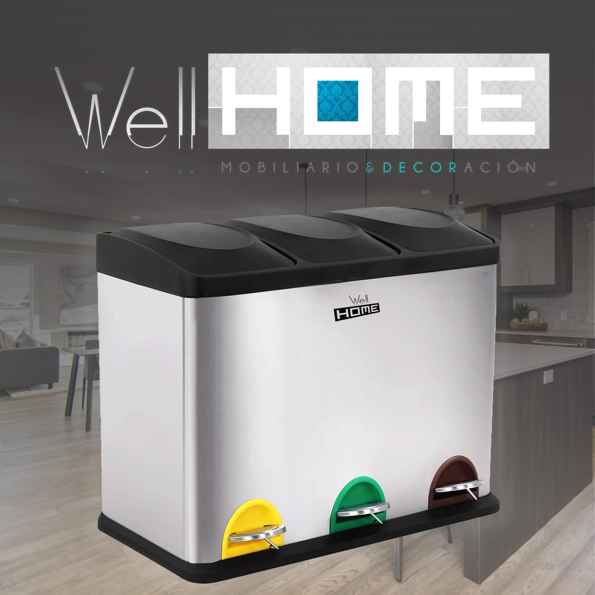 Wellhome - Pattumiera per raccolta differenziata con 3 scomparti, capacità totale 45 litri, ottima capacità, per carta, vetro e plastica, per casa, ufficio, interni, esterno, argento (cromato)