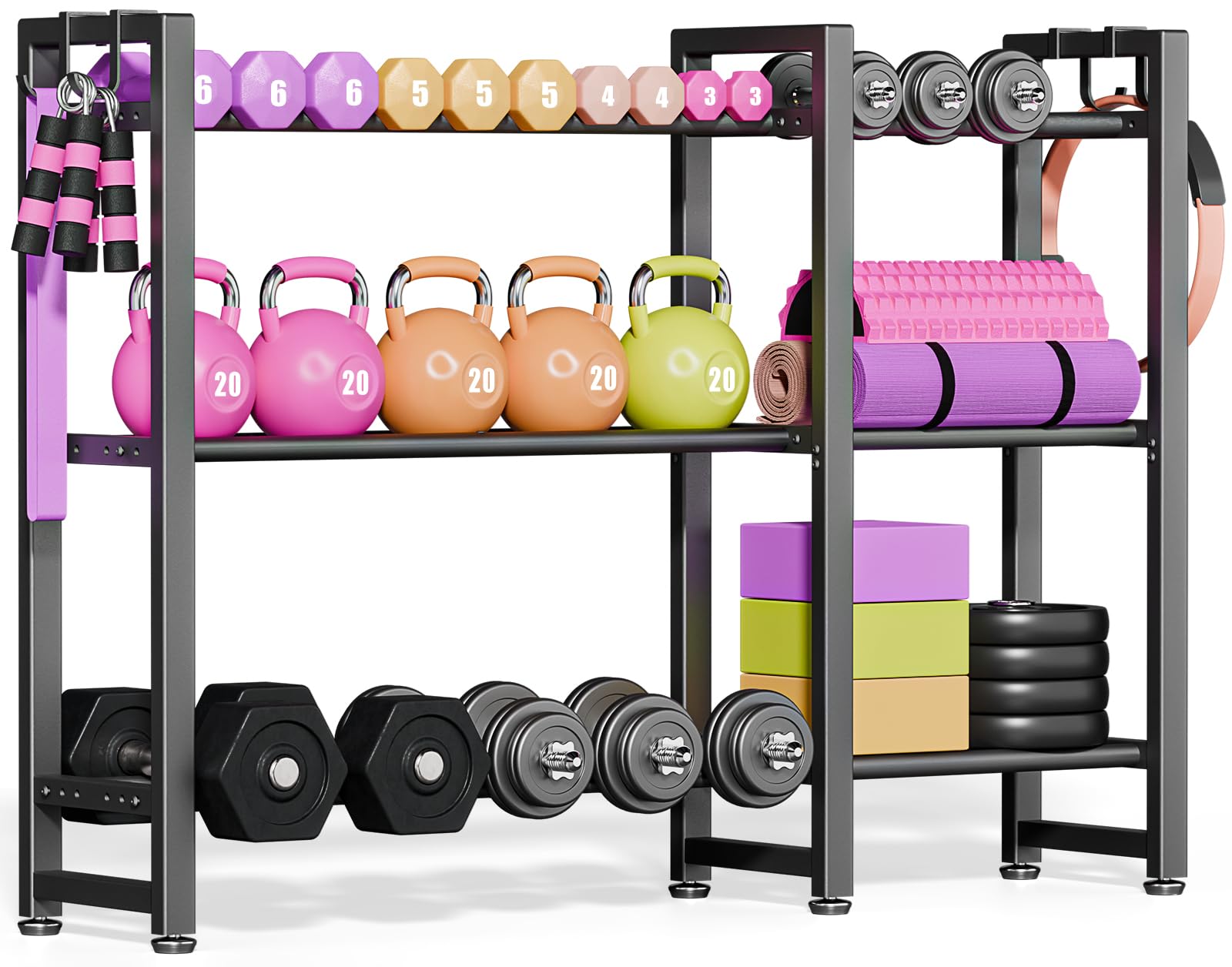 800LBS Capacity Multifunctional Home Gym Storage Rack with Side Hooks, Heavy Duty Adjustable Weight Storage Rack for Dumbbells Kettlebells Yoga Mat,