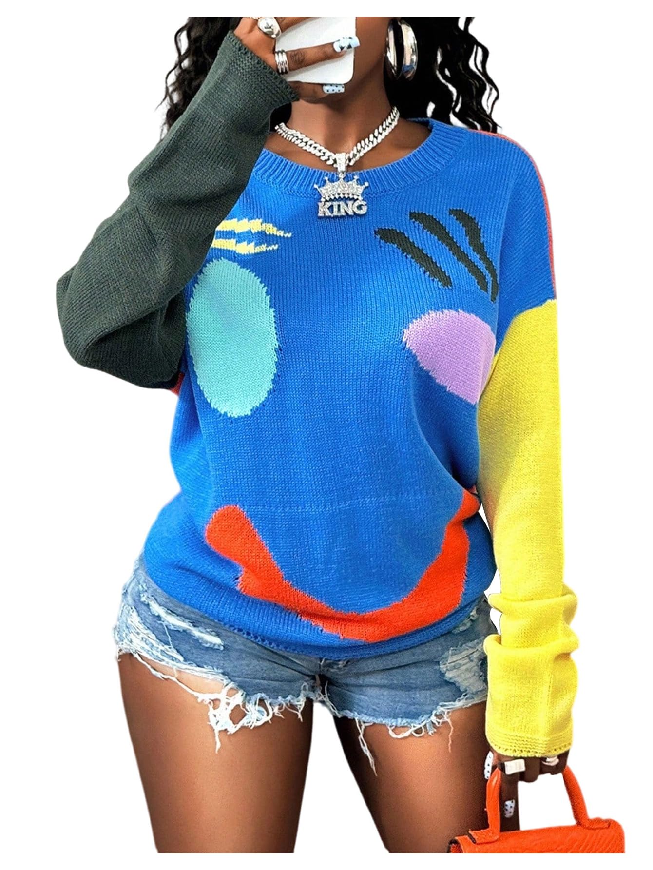 Womens Graphic Sweater Color Block Pullover Sweaters Crew Neck Long Sleeve Jumper