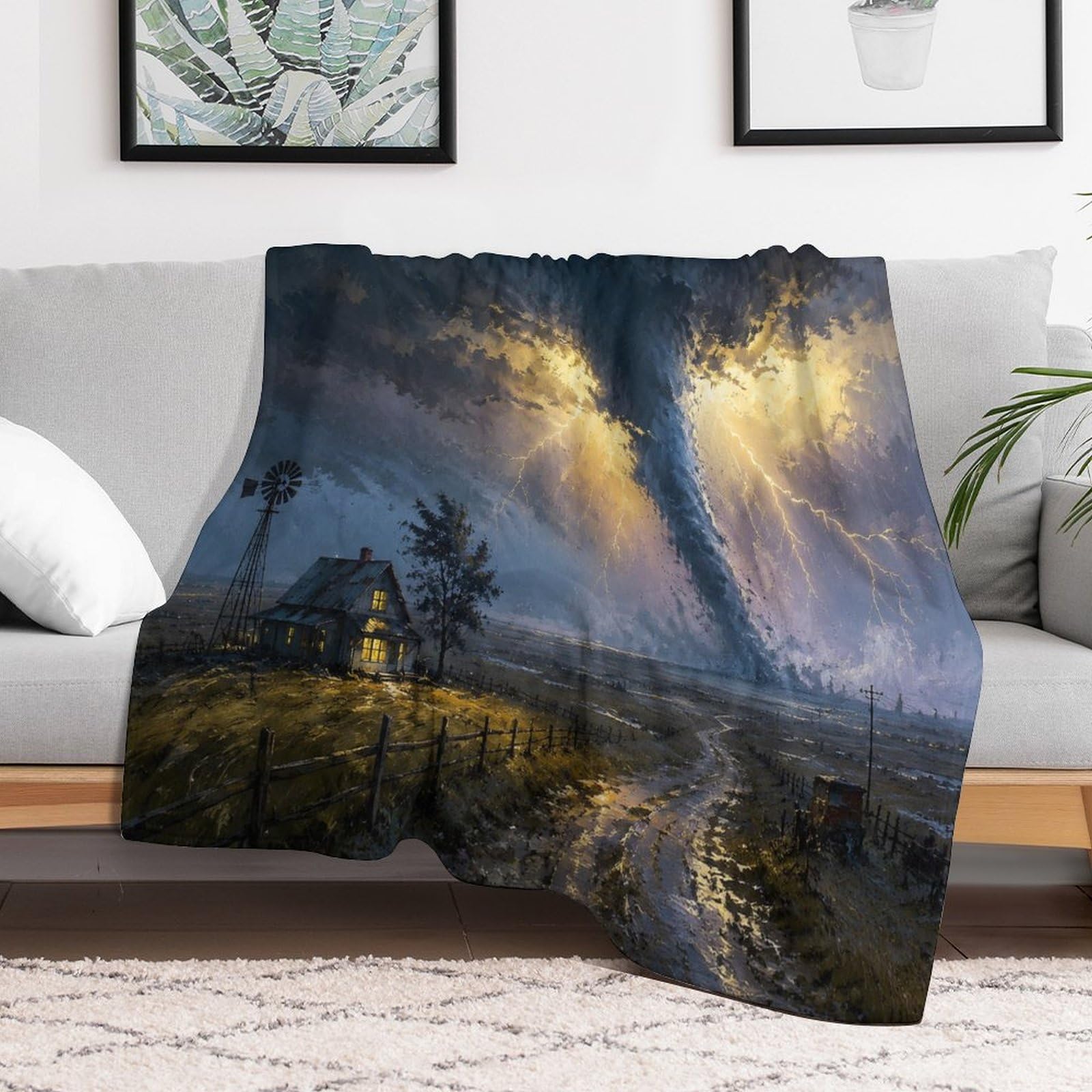 Dramatic Tornado Cabin Landscape Painting Kuscheldecke für Zuhause