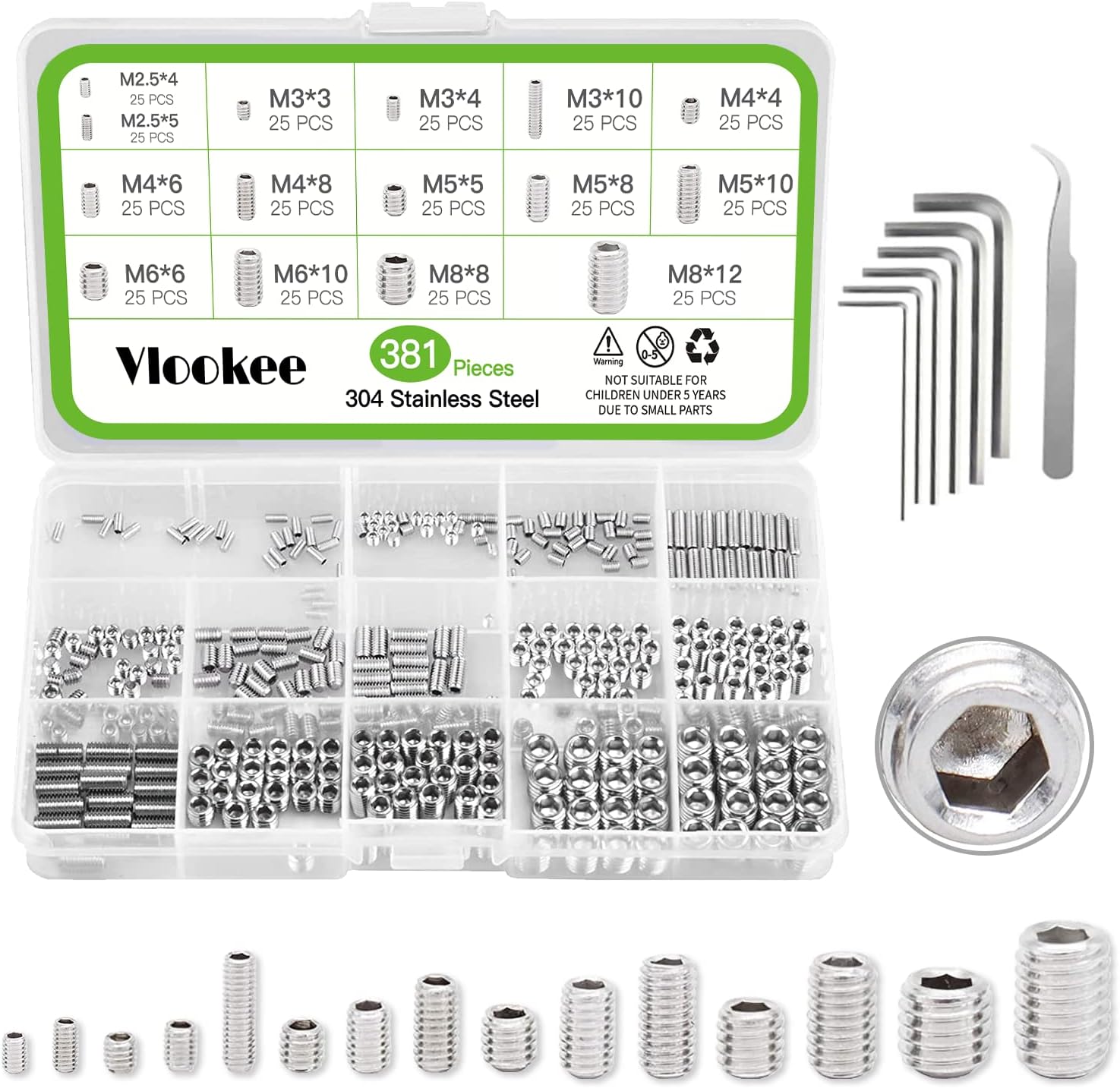 381PCS Grub Screw Hex Allen Head Socket Set Screw Assortment Kit M2.5