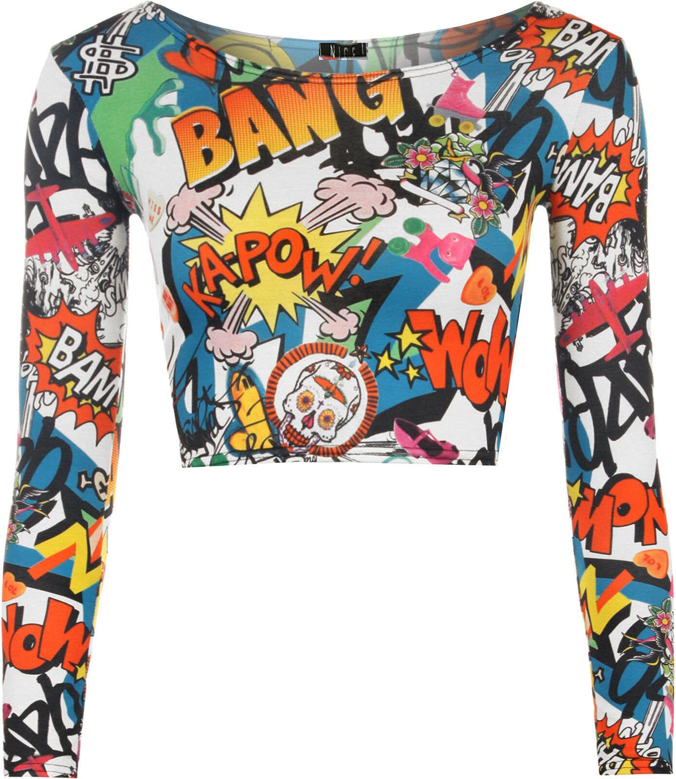 GOSTYLES® Womens Plain & Printed Long Sleeve Crop Top Shirts, Ladies Round Neck Cropped Short T-Shirt (Bang Print, S-M)