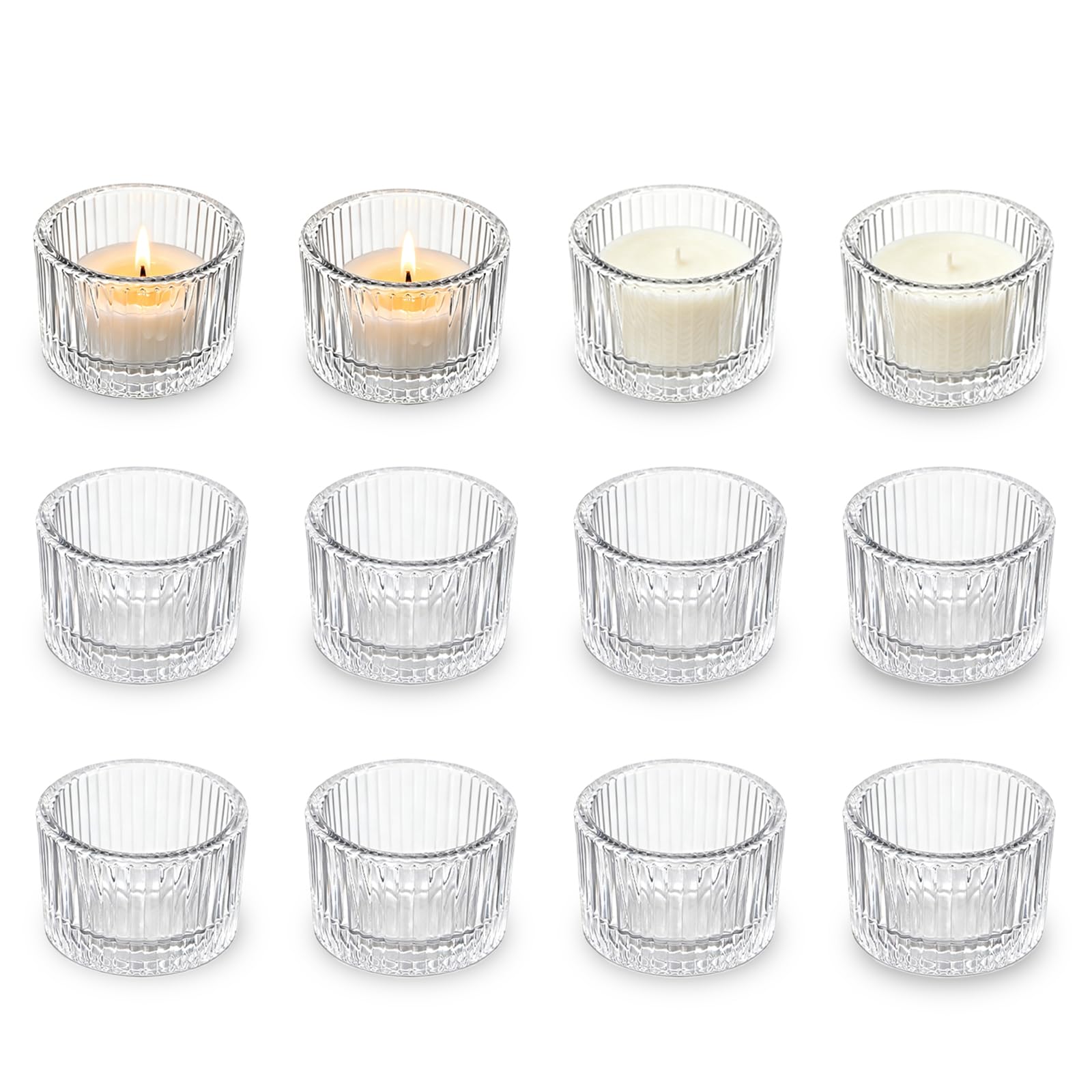 12 Pezzi Portacandele Vetro Trasparente 5 x 3.5 cm, Lumini Portacandele Stile Vintage per Aromaterapia Fai da Te, Decorazione Tavolo Centrotavola per Matrimoni Feste Casa Campeggio