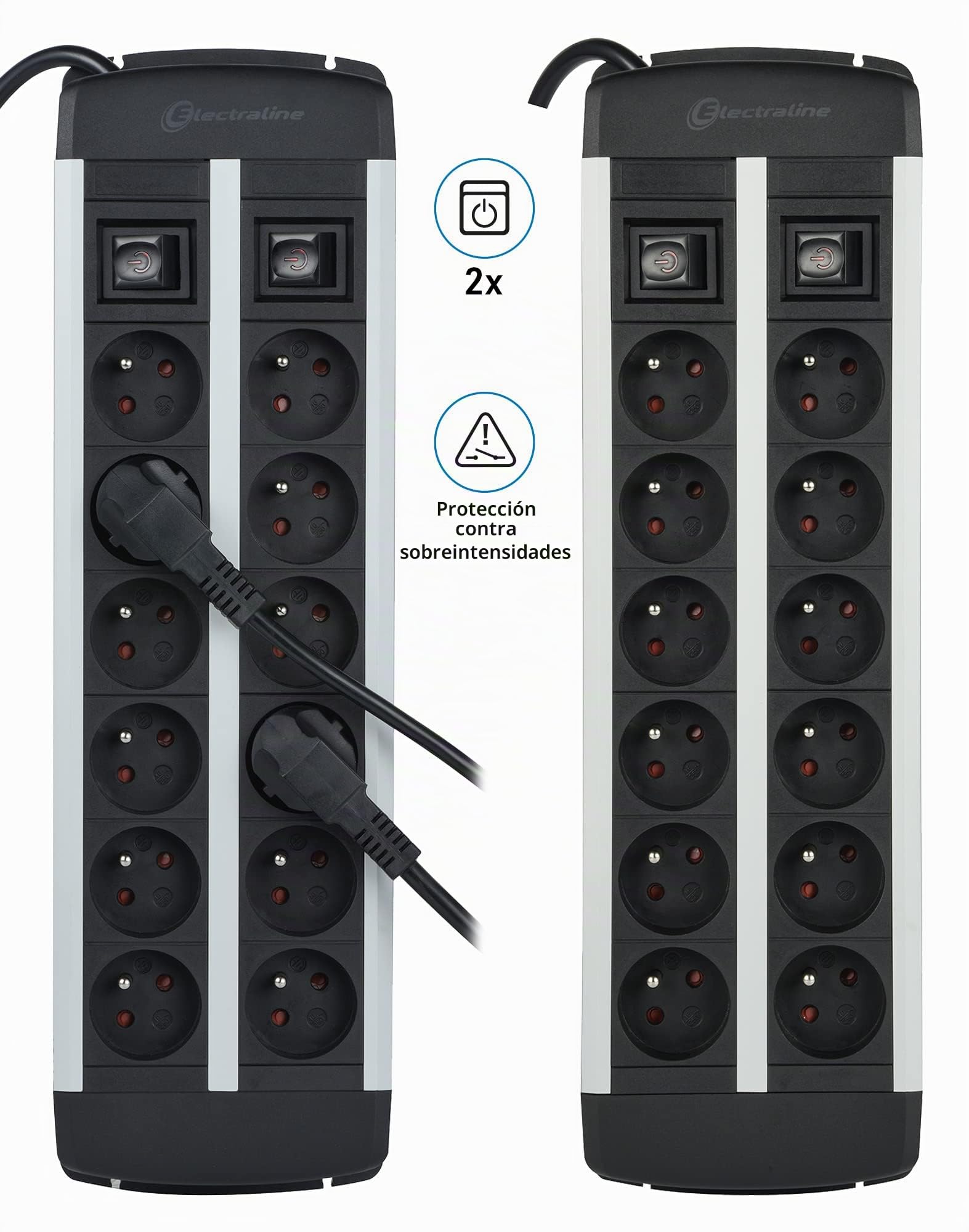 Electraline 35447 ALU-Line - Regleta de enchufes (12 enchufes con Cuerpo de Aluminio, Cables H05VV-F 3G1,5 mm, 2 interruptores (1 x 6 enchufes), con protección contra sobrecargas