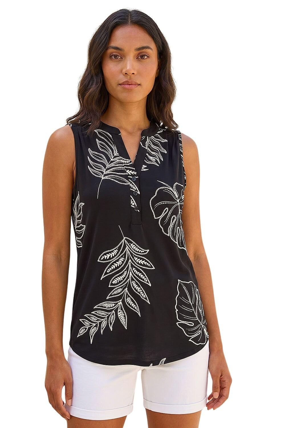Roman Originals Women's Noir Leaf Sleeveless Shirt For Uk Vest Tank Top Summer Smart Blouse Stretchy Jersey T-Shirt Casual Spring Holiday Party Beach Vacation Notch Neck - Size 12