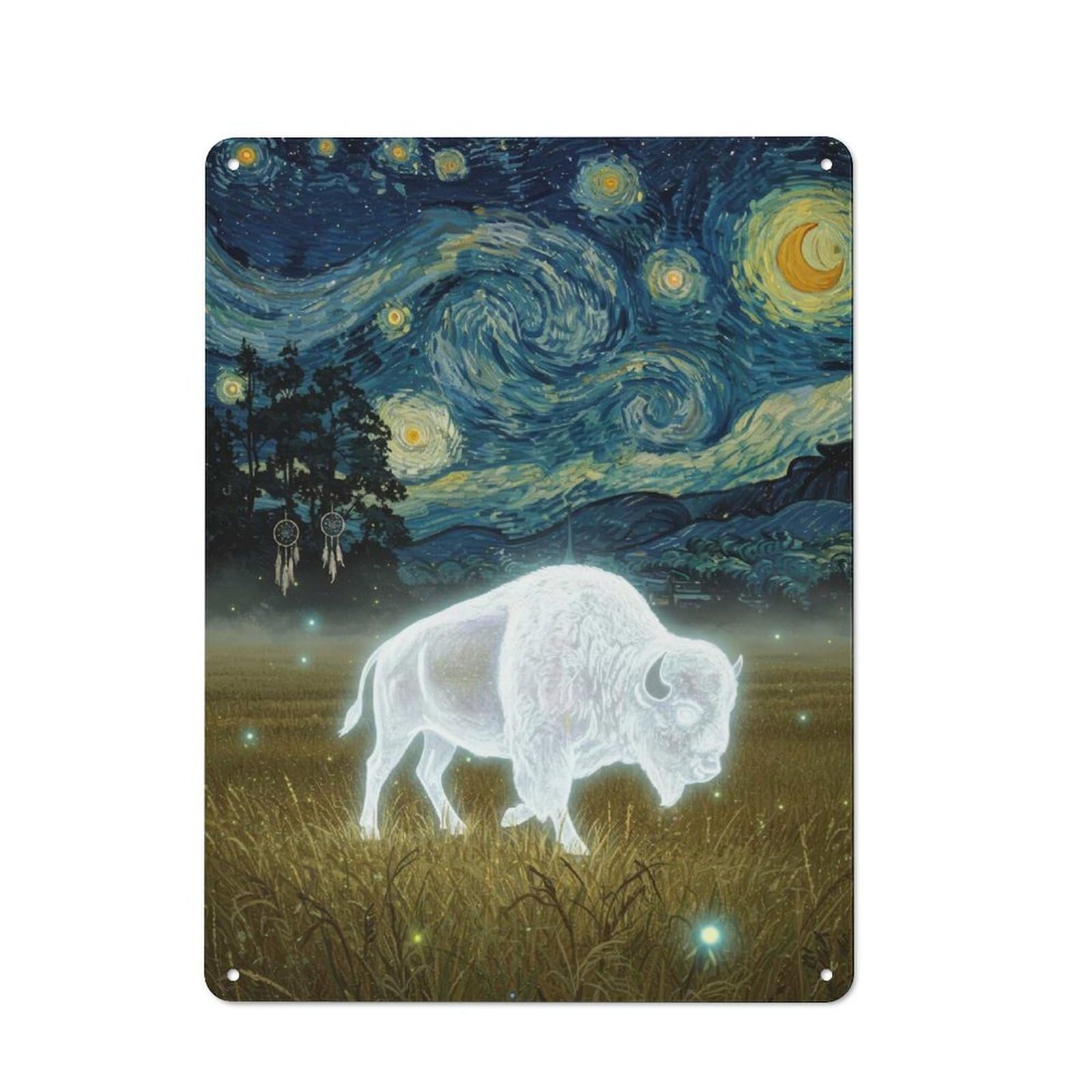 Junmoney White Buffalo In Starry Night Style For Garden Room Or Summerhouse, Vintage Tin Sign 40X30cm, For Display In Garden Rooms And Summerhouses