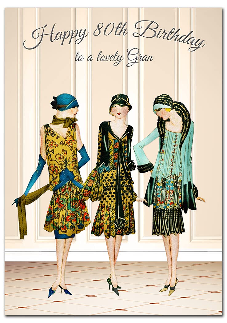 Extra Large Gran 80th Birthday Card - XL Big thick A4 size - Special Age Year Greeting Her Women Female - Beautiful Art Fashion Retro Flapper Girls - Nice Huge Happy Wishes UK Eco-Friendly