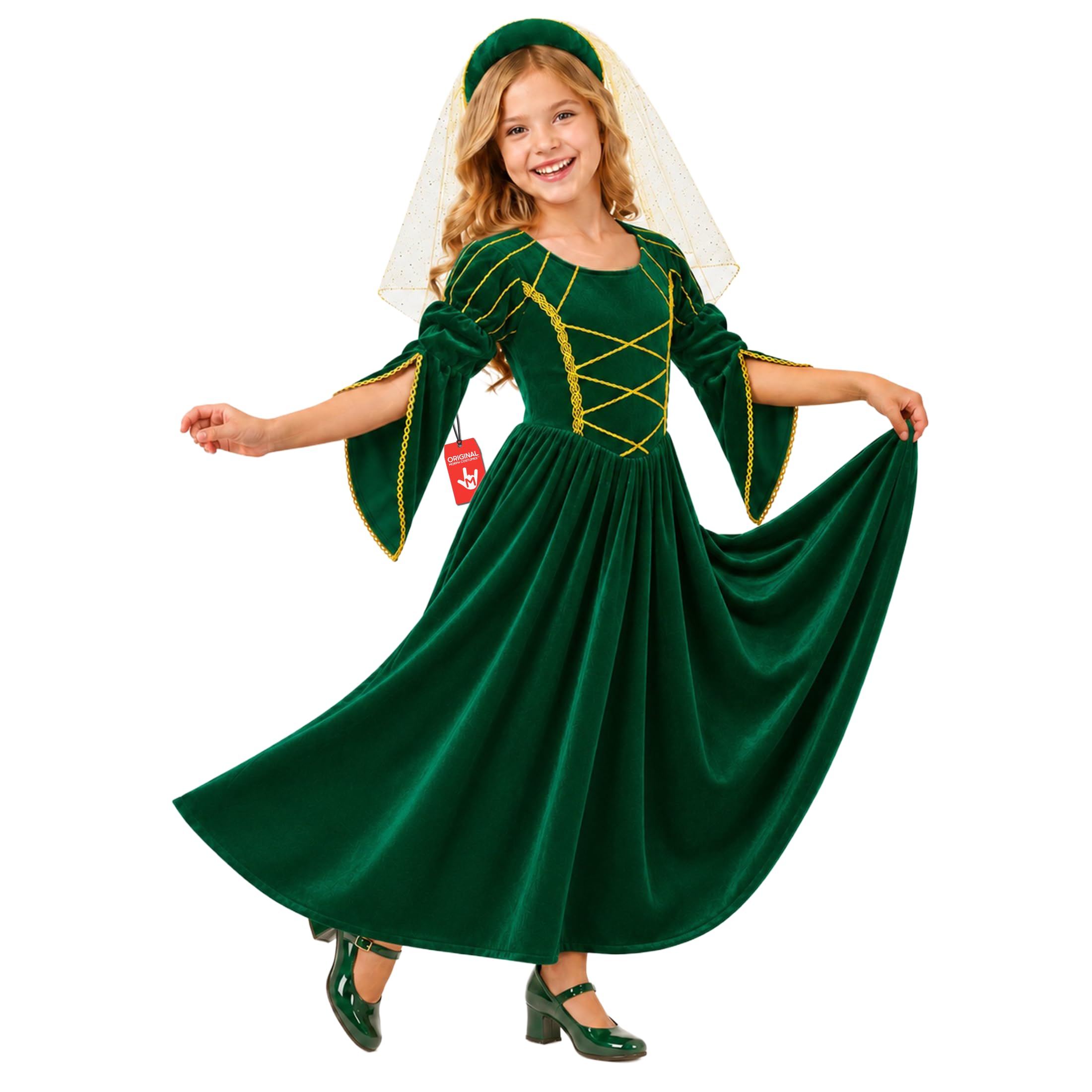 Fun Shack Costume Principessa Bambina, Costume Halloween Bambina | Abito Verde Elegante & Cerchietto con Velo, Stile Medievale Tudor, Perfetto per Halloween, Ideale per il Gioco di Ruolo
