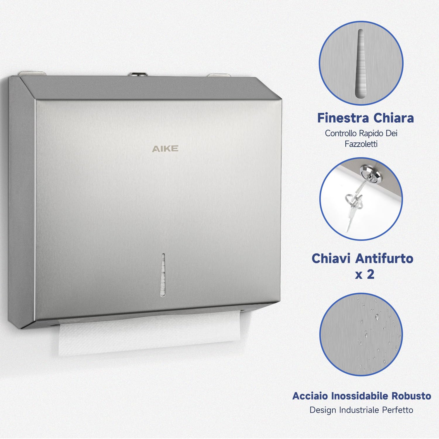AIKE In Acciaio Inox Dispenser Carta Asciugamani 250 Fogli Montato A Parete,per H2 & Z-Fold Carta Piegata di Dimensioni 27 X 10 cm o Inferiori