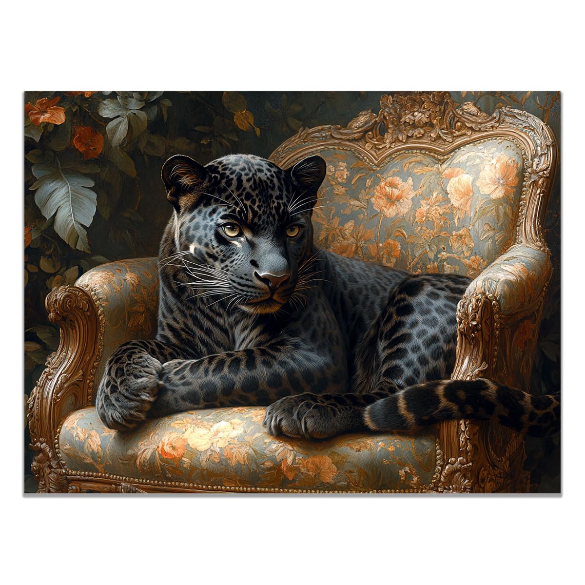 TZKRWRH Cheetah Wall Art Print Jungle Animal Decor Panther On Ornate Sofa Leopard Prints, Animals Portrait, Jungle Poster, Funny Paintings Bathroom(Black 39)-70x100cm Unframed