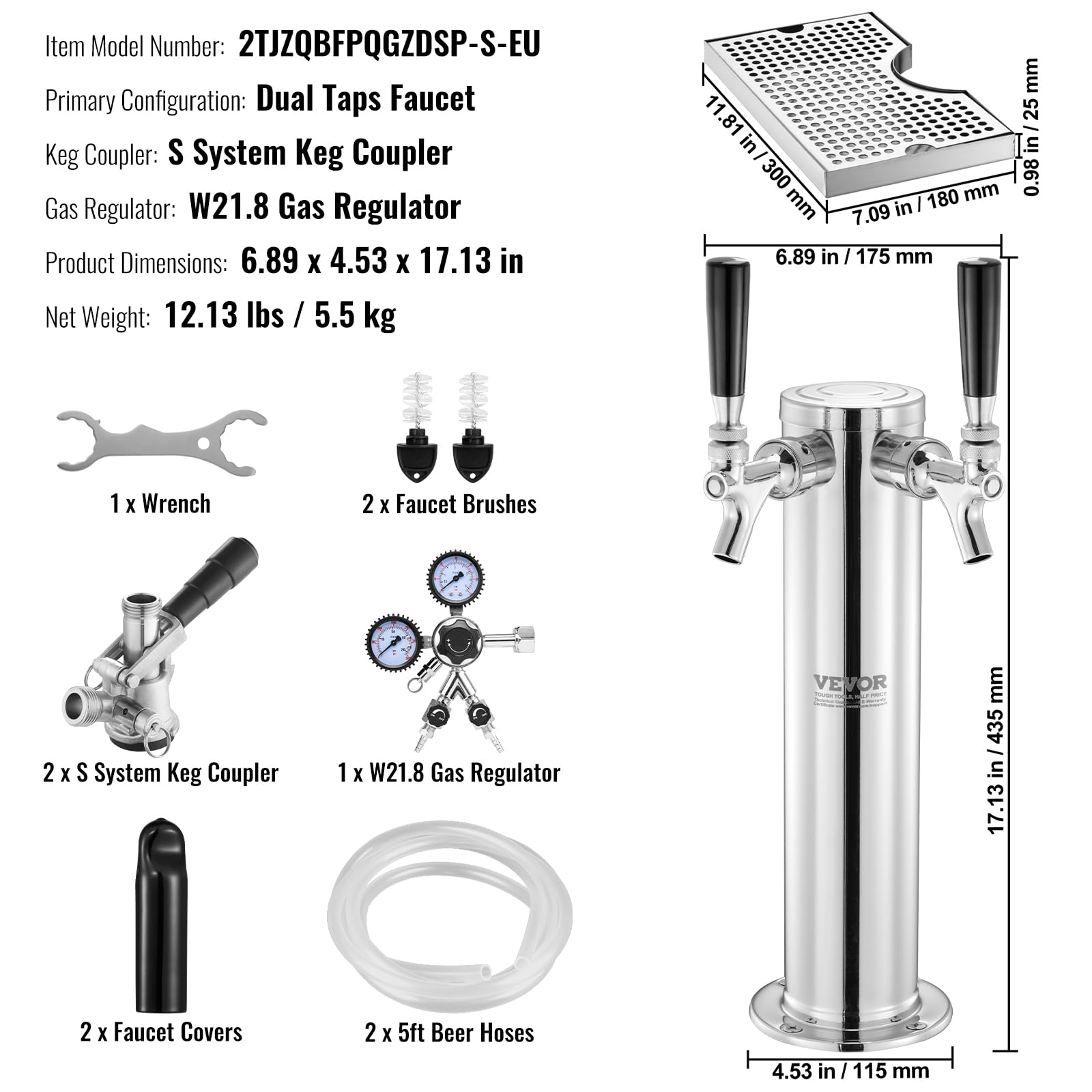 VEVOR Kit Spillatore Birra a Doppio Rubinetto, Dispenser Torre Birra per Fusti in Acciaio Inossidabile con Regolatore W21.8 Doppio Manometro e Accoppiatore Fusti S-System