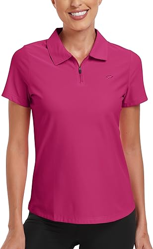 Miniatura 2 de MoFiz Polo de golf para mujer, manga corta, UPF 50+, cuello con cremallera de 14, camiseta deportiva ligera de secado rápido