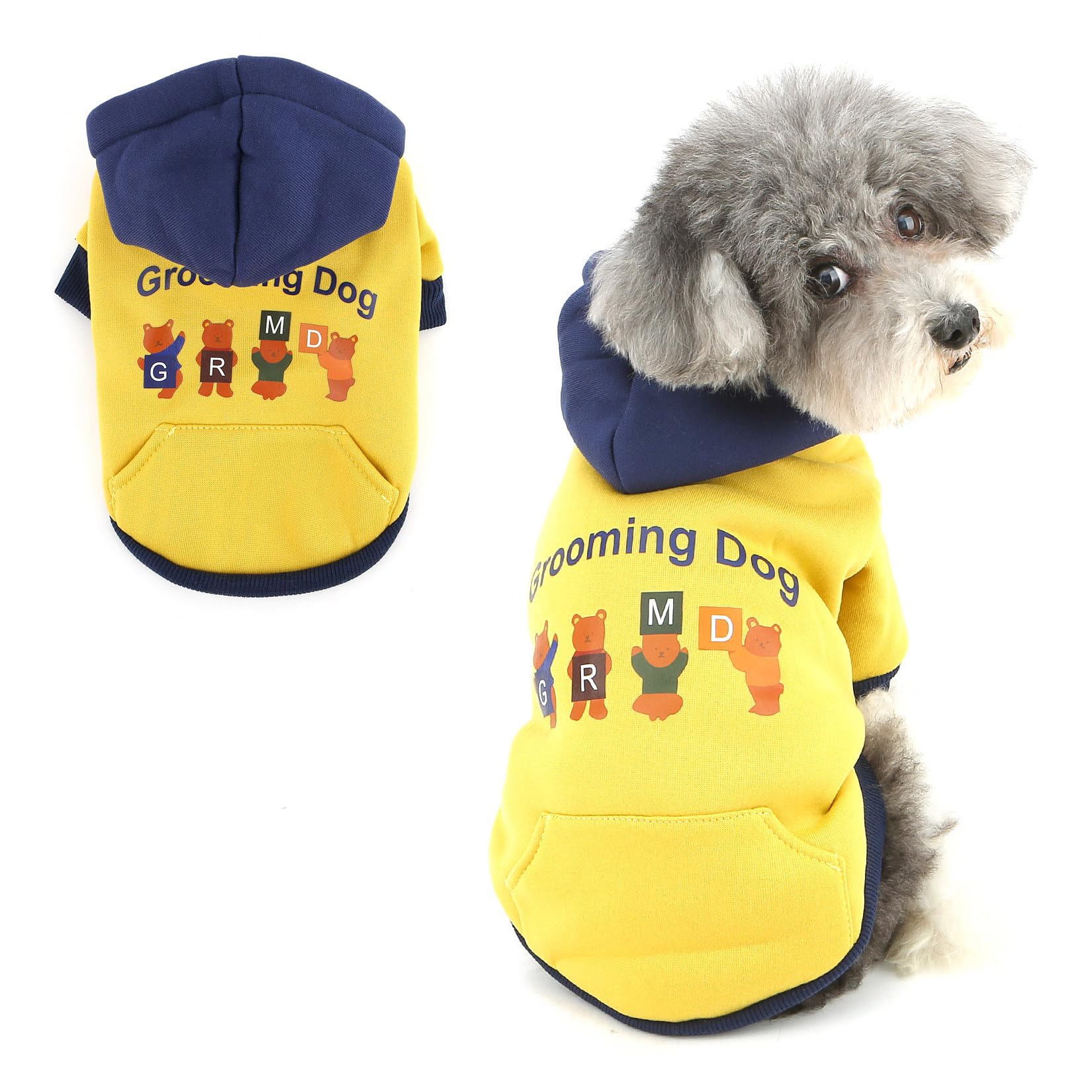 Ranphy Cute Cartoon Print Dog Fleece Hoodie for Xsmall Small Breeds, Warm Colorblock Pullover Sweatshirt with D-Ring, Soft Winter Outfit for Puppy Kitten Chihuahua Yorkie Cat Clothes,Yellow,XS