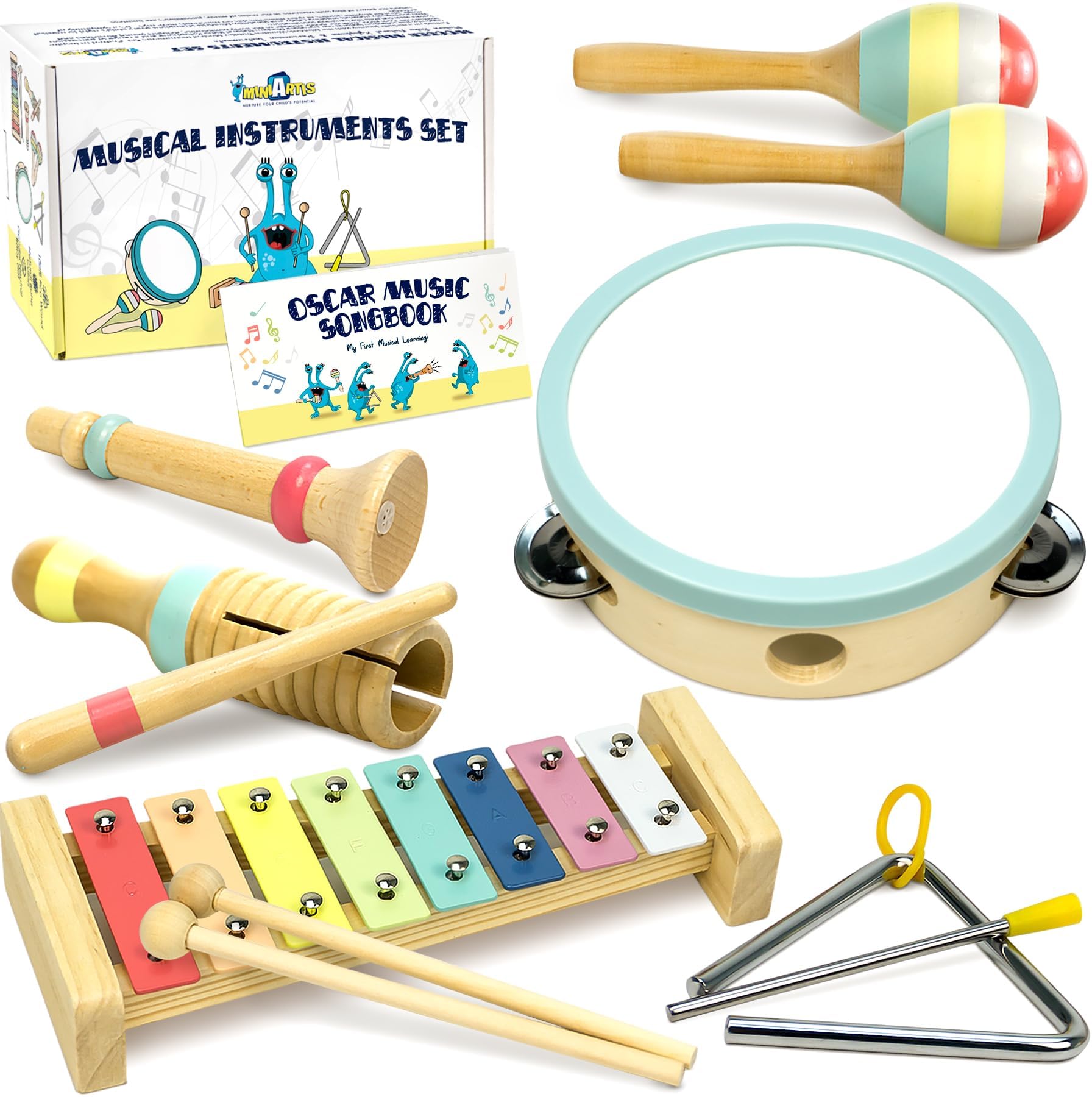 MINIARTIS Baby Musical Instruments Set - Montessori Musical Toys for Toddlers 1-3 | Modern Boho Kids Xylophone with Songbook | Neutral Colors Wooden
