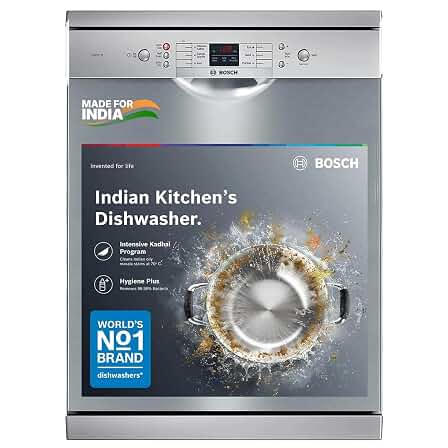Bosch 13 Place Setting (fits up to 70 utensils) Free-Standing Dishwasher for Indian Utensils | Hygiene+ & Intensive Kadhai Program (SMS66GI01I, Inbuilt Heater, Removes 99.9% Germs, Silver Inox)