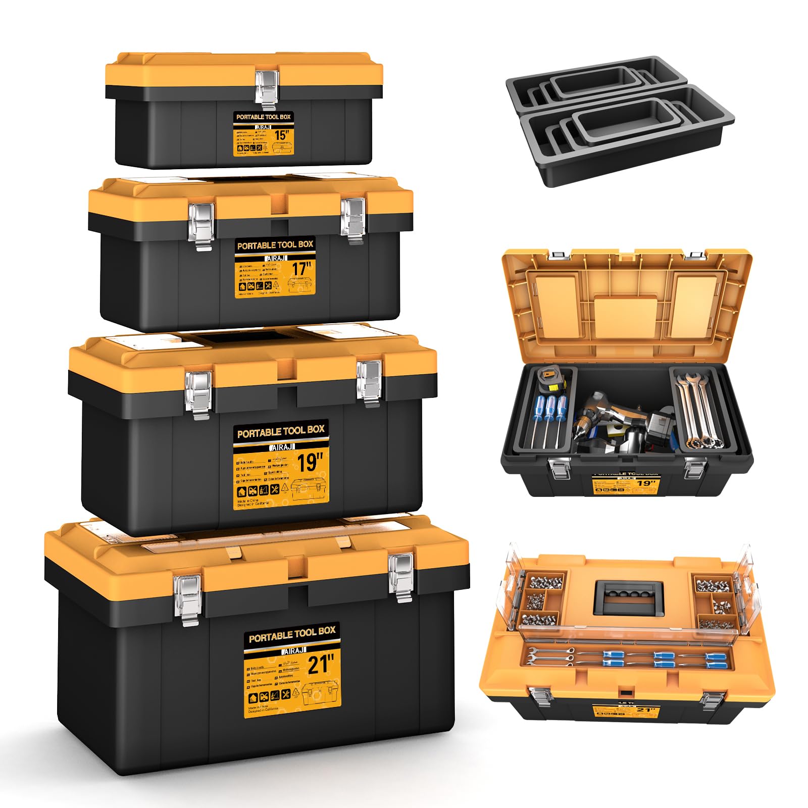 4 in 1 Tool Box, AIRAJ Empty Tool Box, 8 Removable Tool Box Organizers, Portable Tool Box with Lock, Mini/Small/Large Box