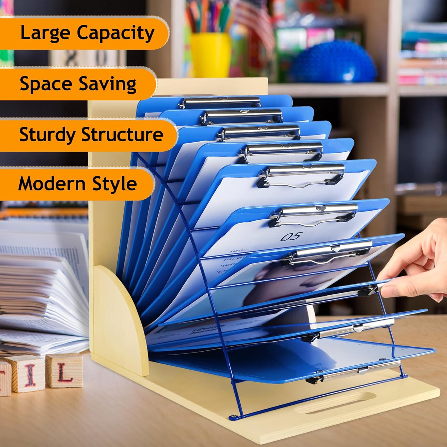 HUZU Desktop Clipboard Organizer Rack, Wooden and Metal Clipboard Holder, Clipboard Storage Stand for Classroom, Office, and Clinic, Assembly Required