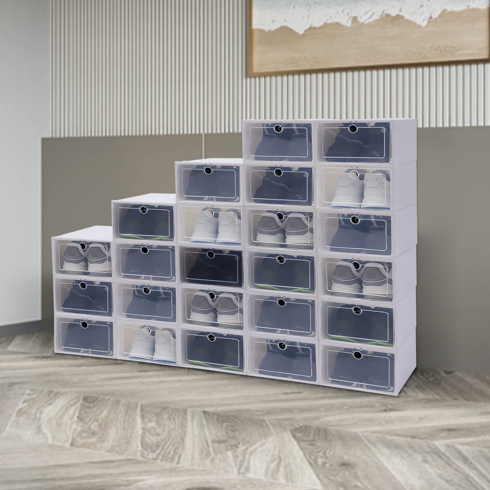 Juego de 24 Cajas Organizadoras Almacenaje Zapatos Transparentes con Tapa, Caja Plástico, Almacenamiento Zapatos Planos, Tacones Altos, Zapatillas Deportivas, Color Blanco