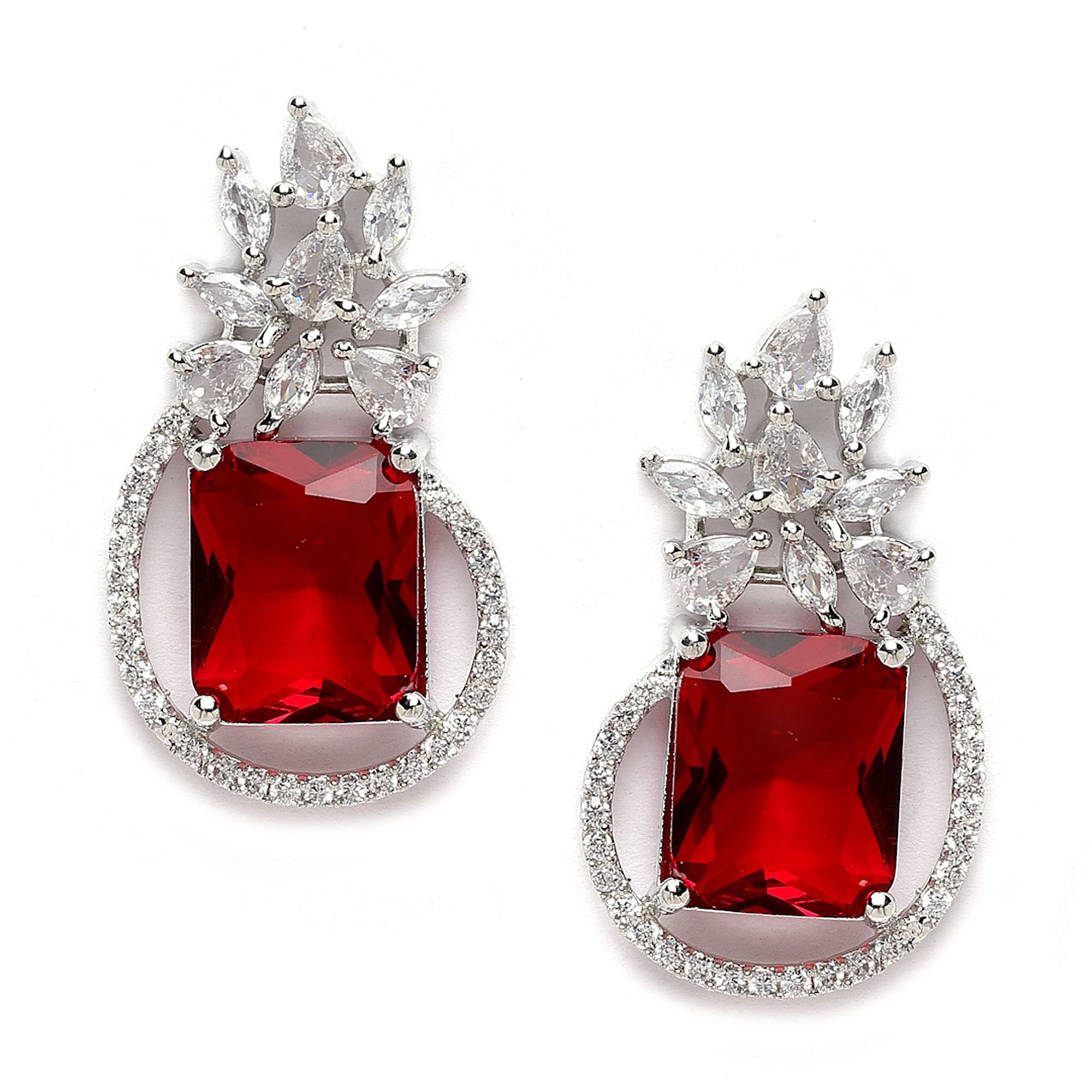 ZENEMERhodium-Plated American Diamond studded Paisley Shaped Studs Earrings For Women & Girls