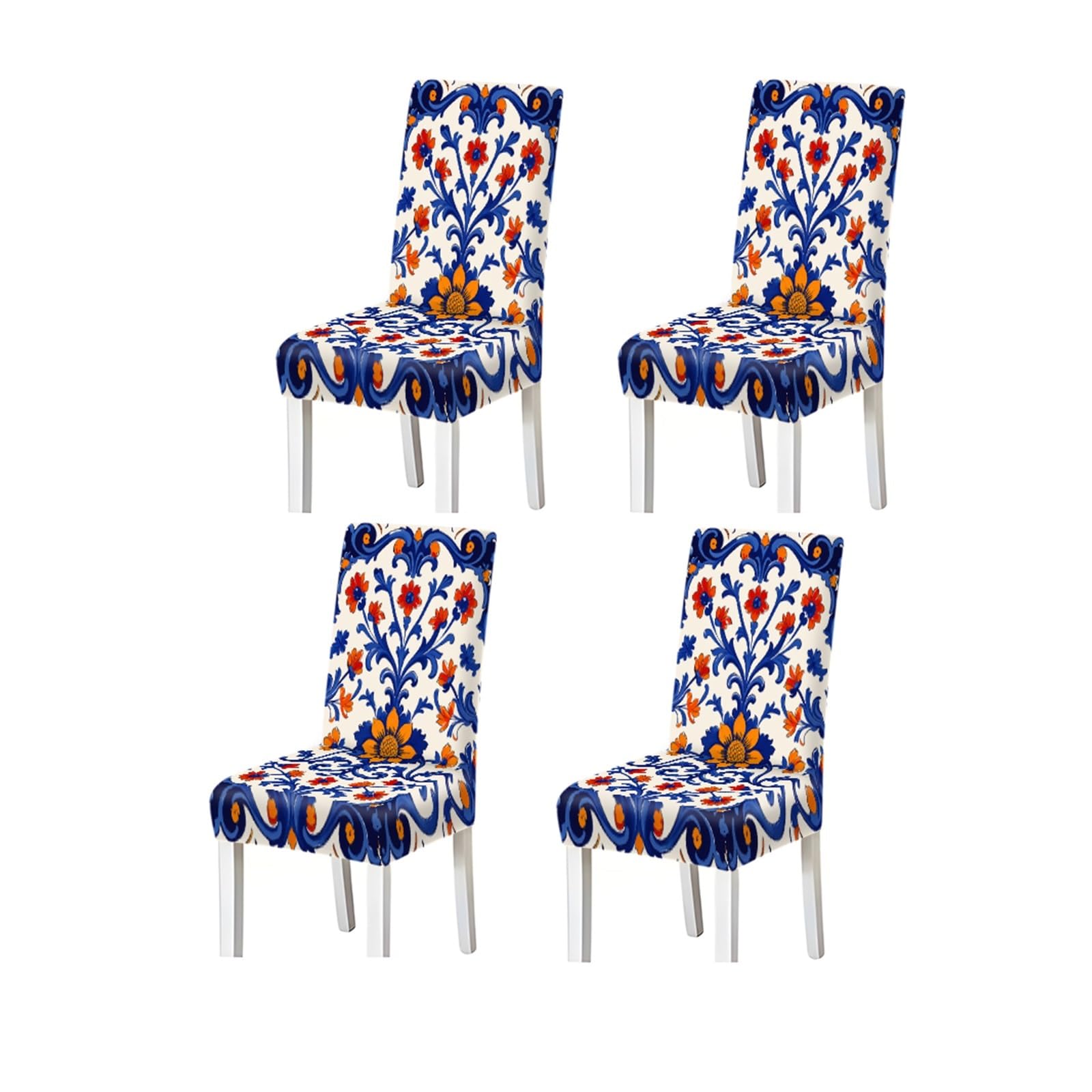 Bosuybn One Color Dining Chair Covers 2/4/6 Pieces, Stretch Slipcovers Blue Orange Floral Tile Pattern Mediterranean Style Kitchen Dining Room Furniture Protectors For Home Dining Room(4Pcschair Cover)