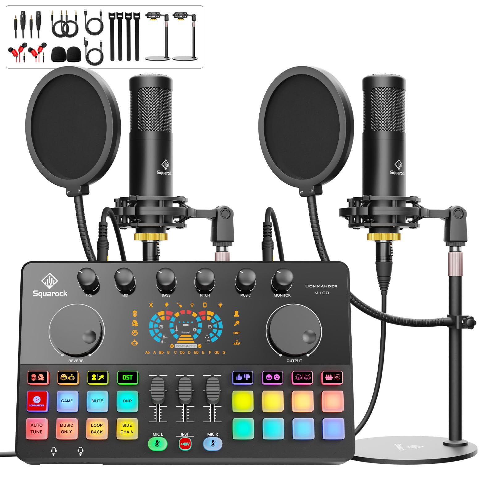 Podcast Equipment Bundle for 2 with Dual XLR-3.5 Condenser Micophones with Mic Pop Filters Audio Equipment for Live Streaming/ Recording, Online