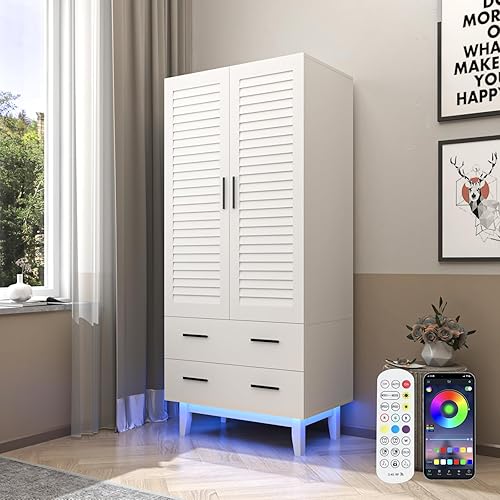 Miniatura 8 de Hlivelood Armario de 2 puertas con cajones y luces LED, estantes de varios niveles, barra colgante y 2 puertas de rejilla, armario de almacenamiento