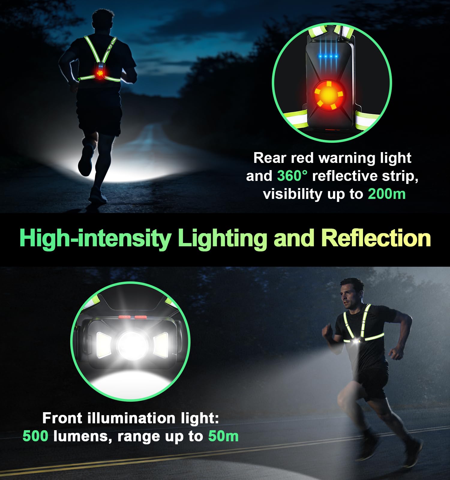 Lampe Running Pectorale Course a Pied Lumiere Poitrine USB Light Courir de Nuit Gilet Lumineux Ventrale Torse Dorsale Eclairage Harnais Trail Reflechissant Led 500LM 5 Modes 65° Réglable Étanche IP55 - 3