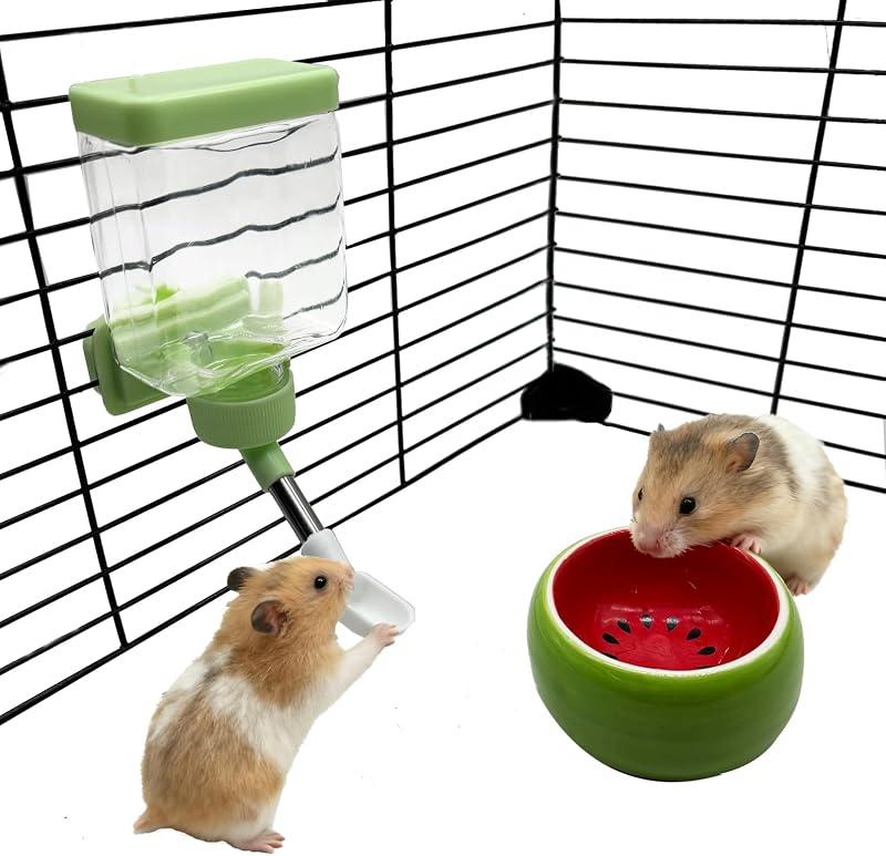 Hamster Water Bottle Hamster Water Feeder Dispenser with Food Bowl Cage Accessories for Gerbils Dwarf Mouse
