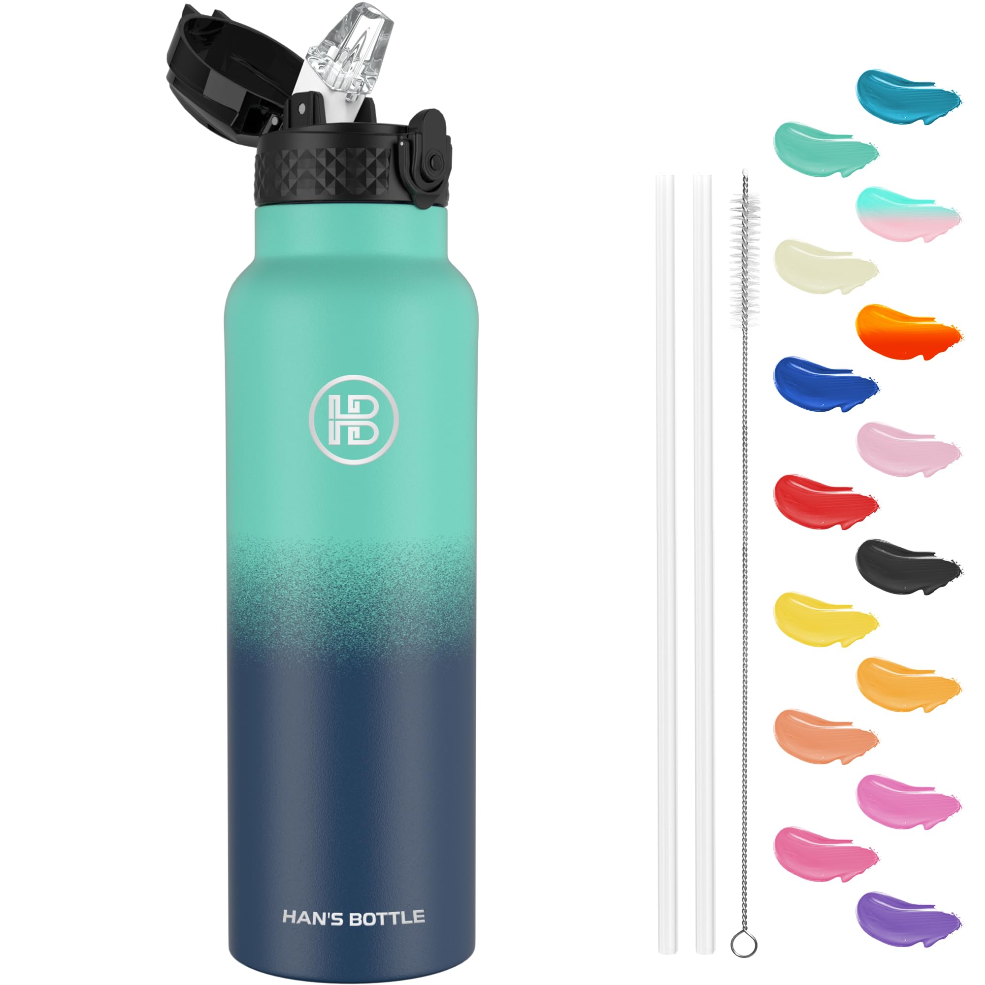 Han's Bottle Sports Water Bottle - 24 Oz, Straw Lid, Leak Proof, Vacuum Insulated Stainless Steel, Double Walled, Thermo Mug,Gradient Blue