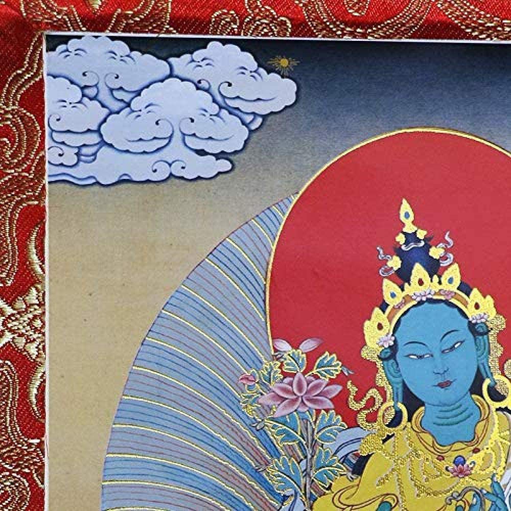 Rysunek na jedwabnym zwoju, Buddyjska zielona Tara Thangka jedwabna haftowana ściana wisząca 62x50cm