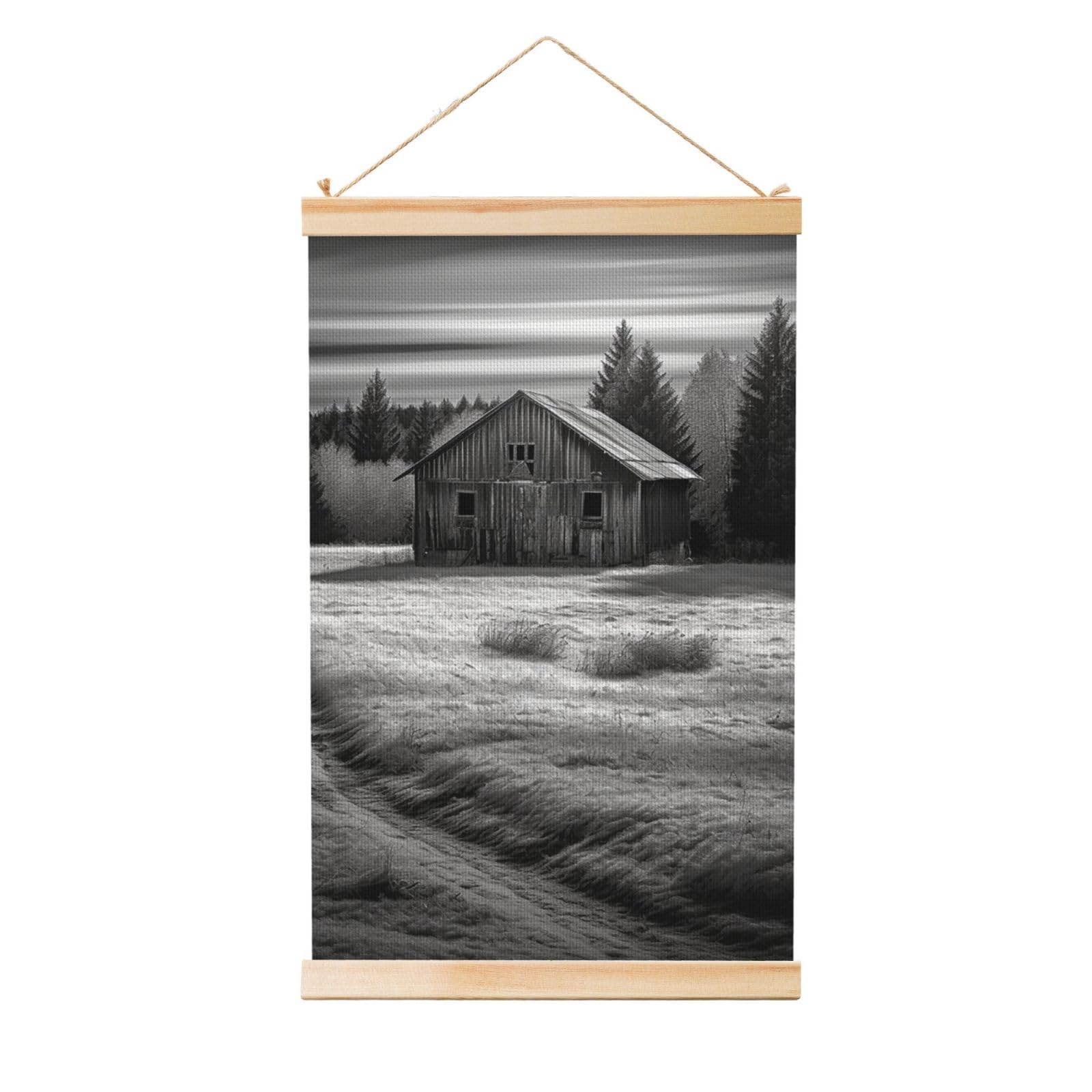 Barn Black and White Poster Wooden Shaft Hanging Poster Wall Hanging Banner Canvas Artwork with Wood Frames 20"x30" Modern Artwork Decor Ready to Hang Wall Art for Home Decor Scroll Painting