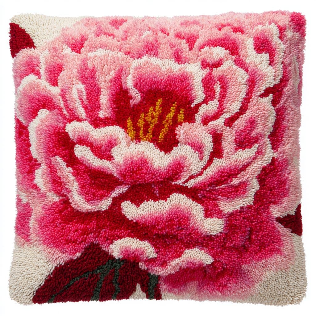 Taxpy Cushion Latch Hook Kit, Peony Flowers DIY Pillow Materials Hooks Knitted Embroidered Pillow Embroidery Latch Hook Carpet Kit,17x17inch
