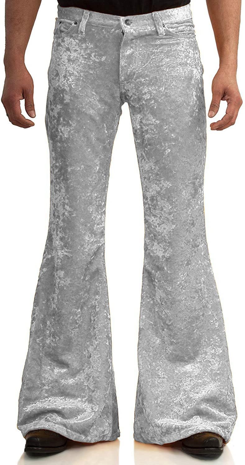 Men's Velvet Relaxed Vintage 60s 70s Bell Bottom Stretch Fit Classic Comfort Flared Flares Retro Leg Disco Pants