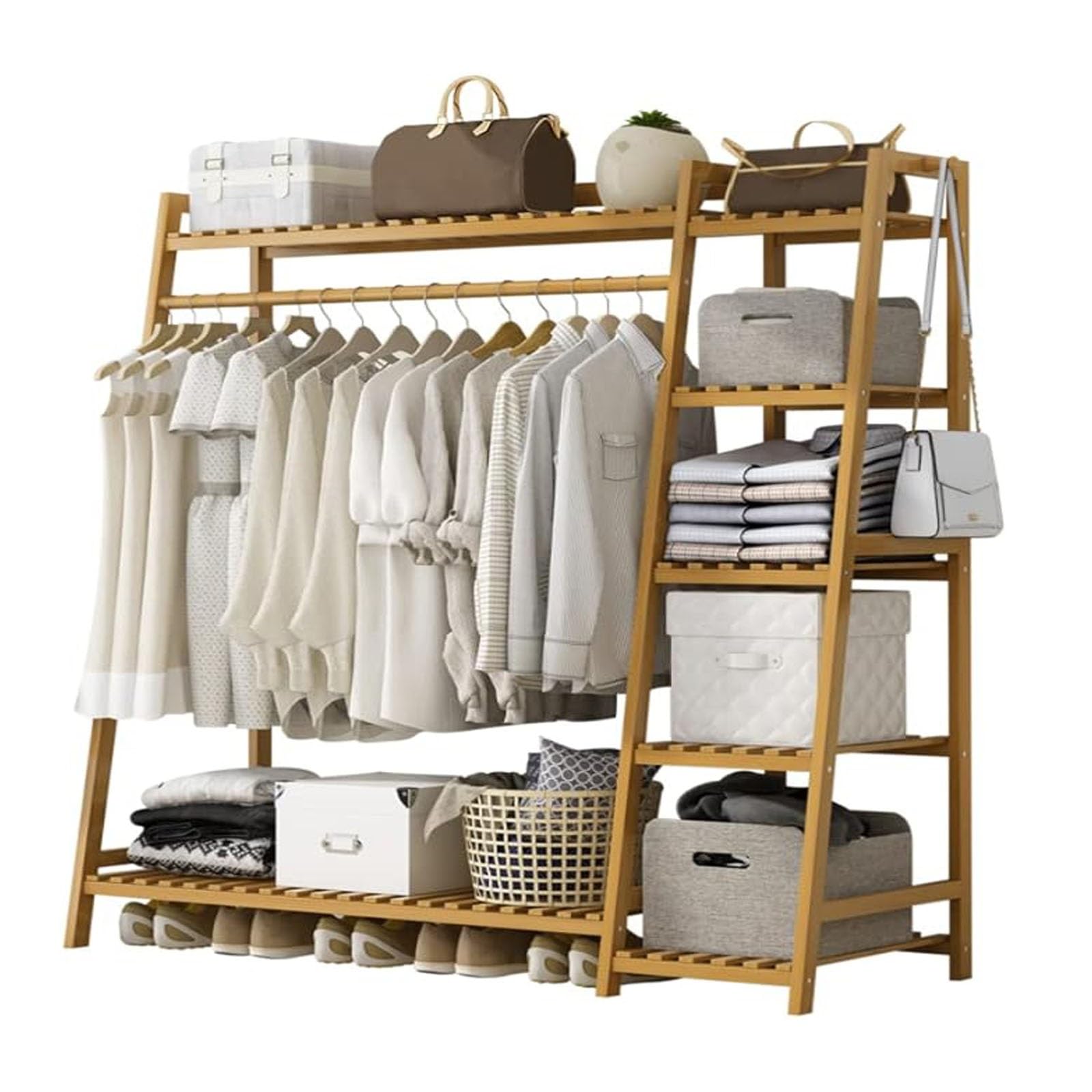 Heavy-Duty Bamboo Clothing Rack with Open Wardrobe Coat Stand & Shoe Shelves - Stylish Storage Solution for Living Room Bedroom and Dressing Area