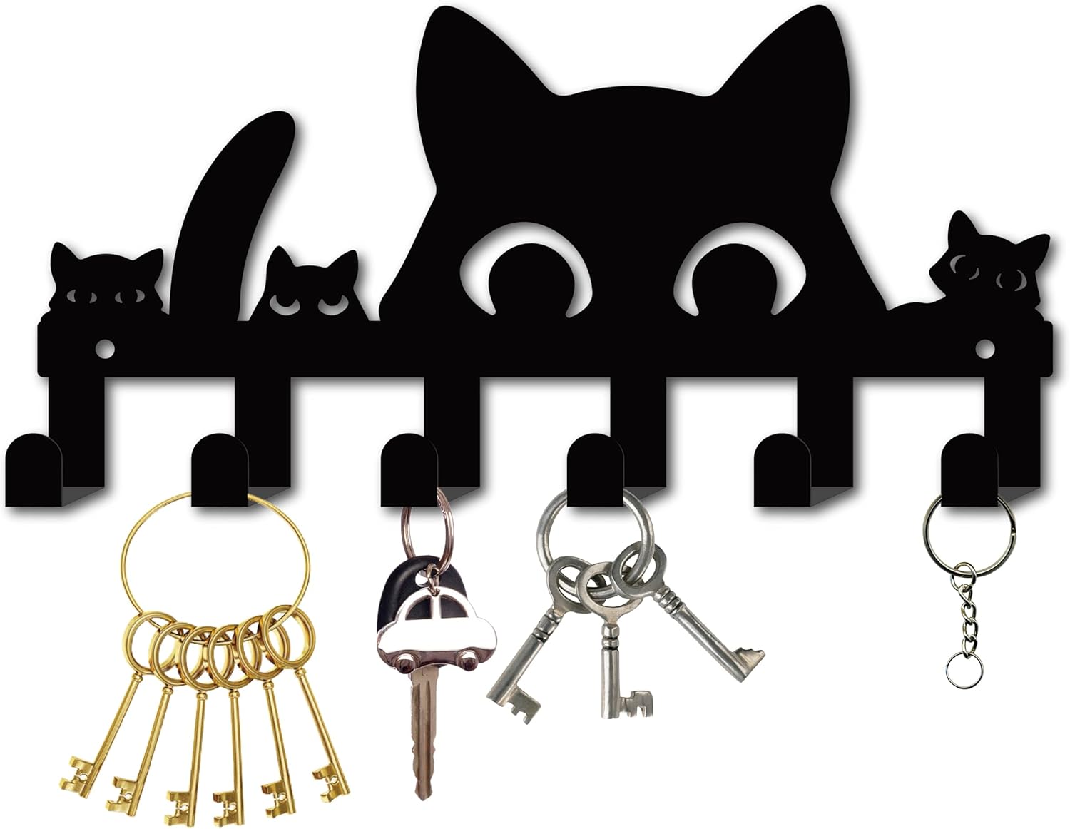 CREATCABIN Black Cat Key Holder for Wall Mounted Key Hook Metal Key Hanger Holder with 6 Hooks Metal Key Hanging Organizer Rack Wall Decor Hook for Entryway Front Door Hallway Office 10.6x5Inch