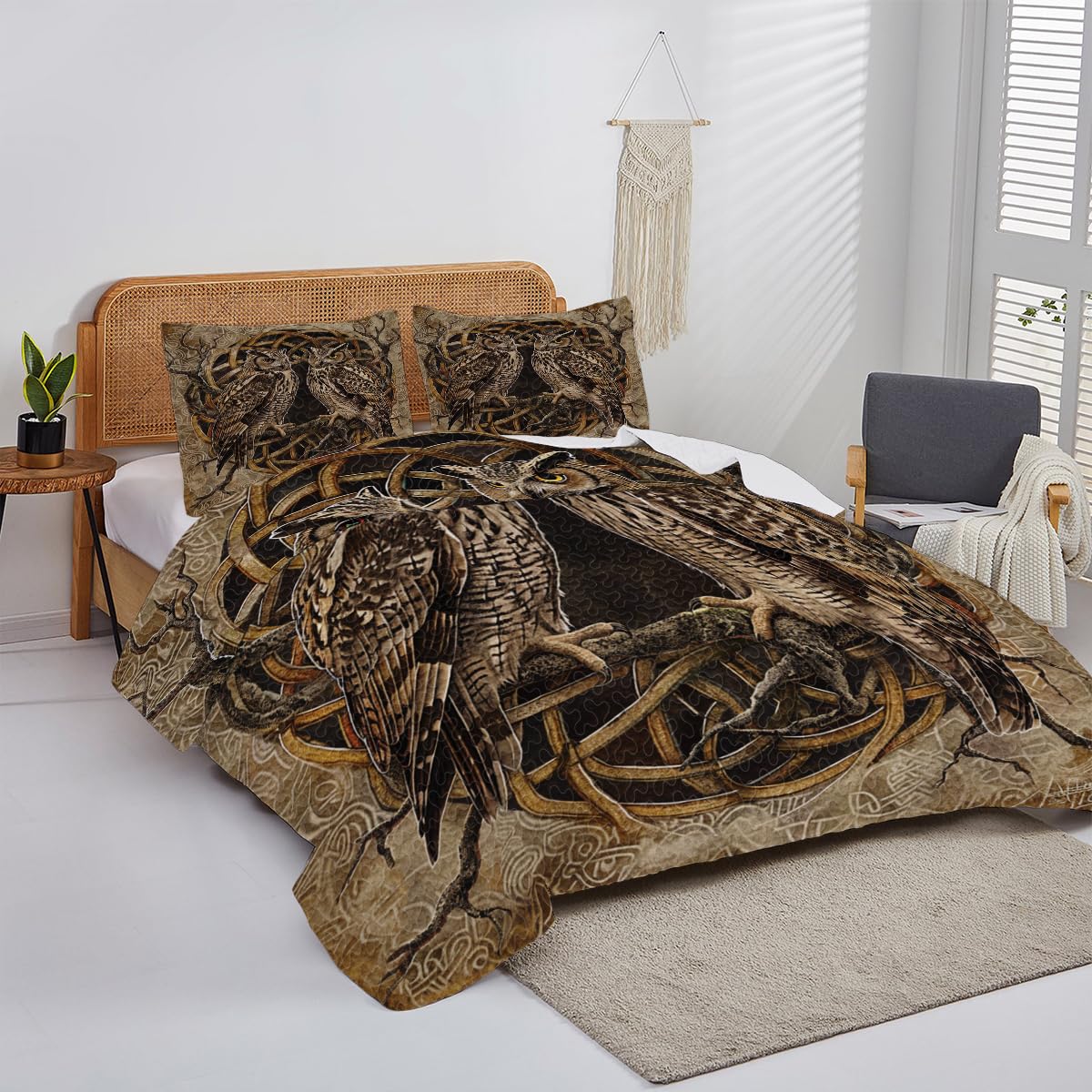 DESTACOZIE Personalized Owl Quilt Patterns - Celtic Owl Quilts - Viking Bedspreads Gift Boys Girls Men Women