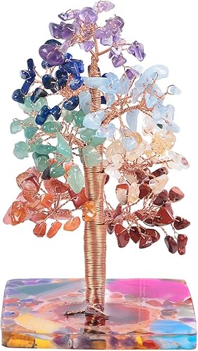 TUMBEELLUWA Árbol de dinero de cristal de 7 chakras con base de piedras coloridas, base de resina, decoración de bonsái para la oficina en casa,