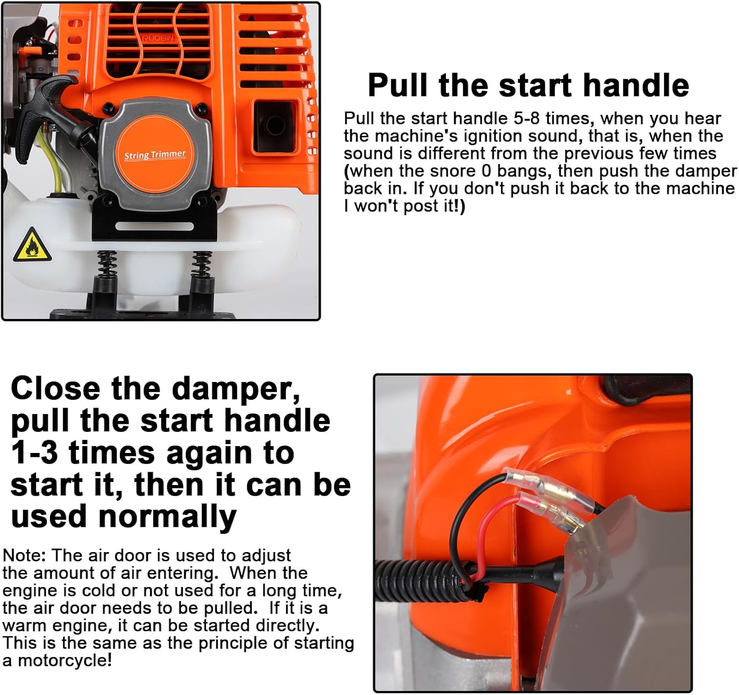 Visual instructions for starting the Cuteam 52cc gasoline engine, showing the pull start handle and choke/damper lever.