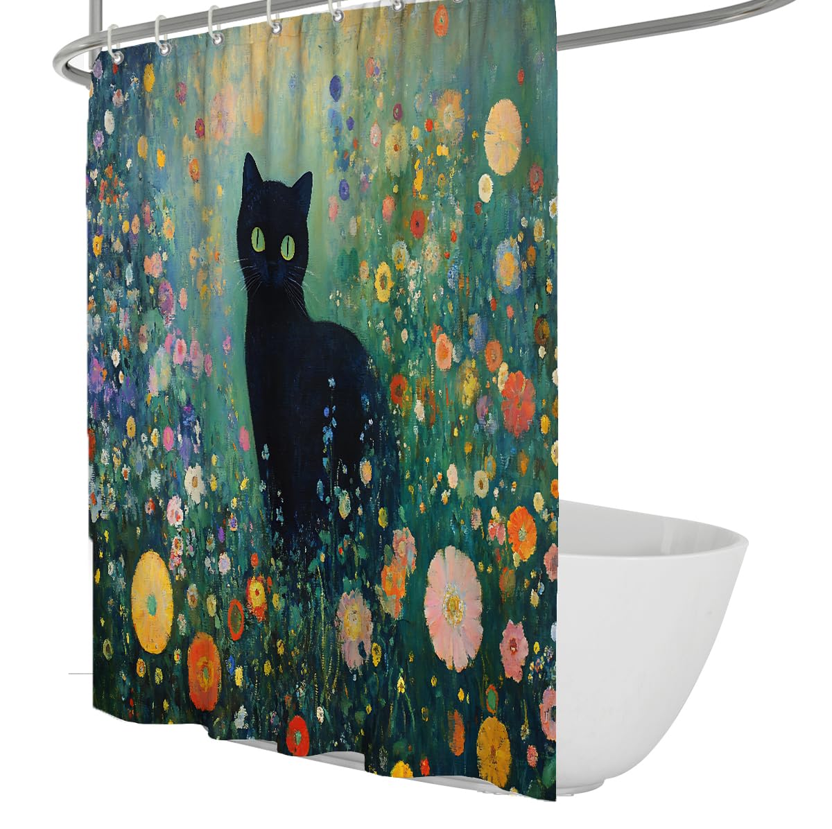 OLLIAR Home Boho Bathroom Shower Curtain Mystical Black Cat Wildflower Garden Impressionist Oil Painting Fabric Shower Curtains for Bathroom Decor 240x180cm