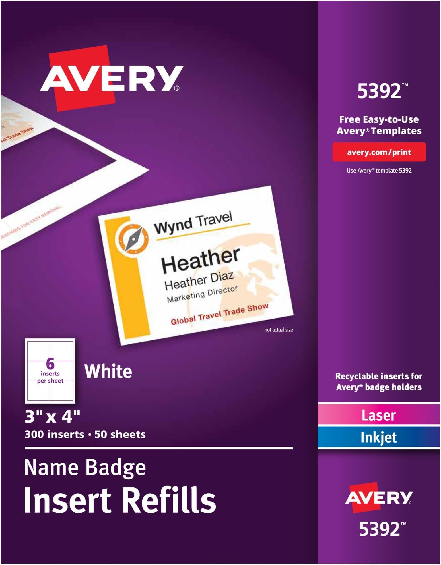 Avery Customizable Name Badge Inserts for Name Tag Holders,3" x 4",White,Laser/Inkjet Printable,300 Count (5392),(Pack of 5)