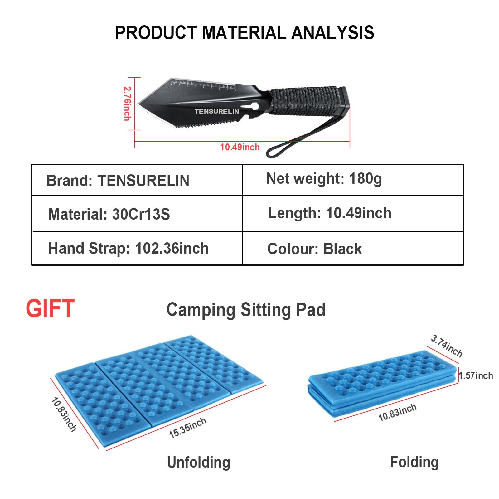 TENSURELIN Backpacking Camping Trowel, 30Cr13 Martensitic Stainless Steel Survival Shovel, Portable Tactical Hiking Tool for Gardening, Outdoor Survival, Gifts with Camping Sitting Pad