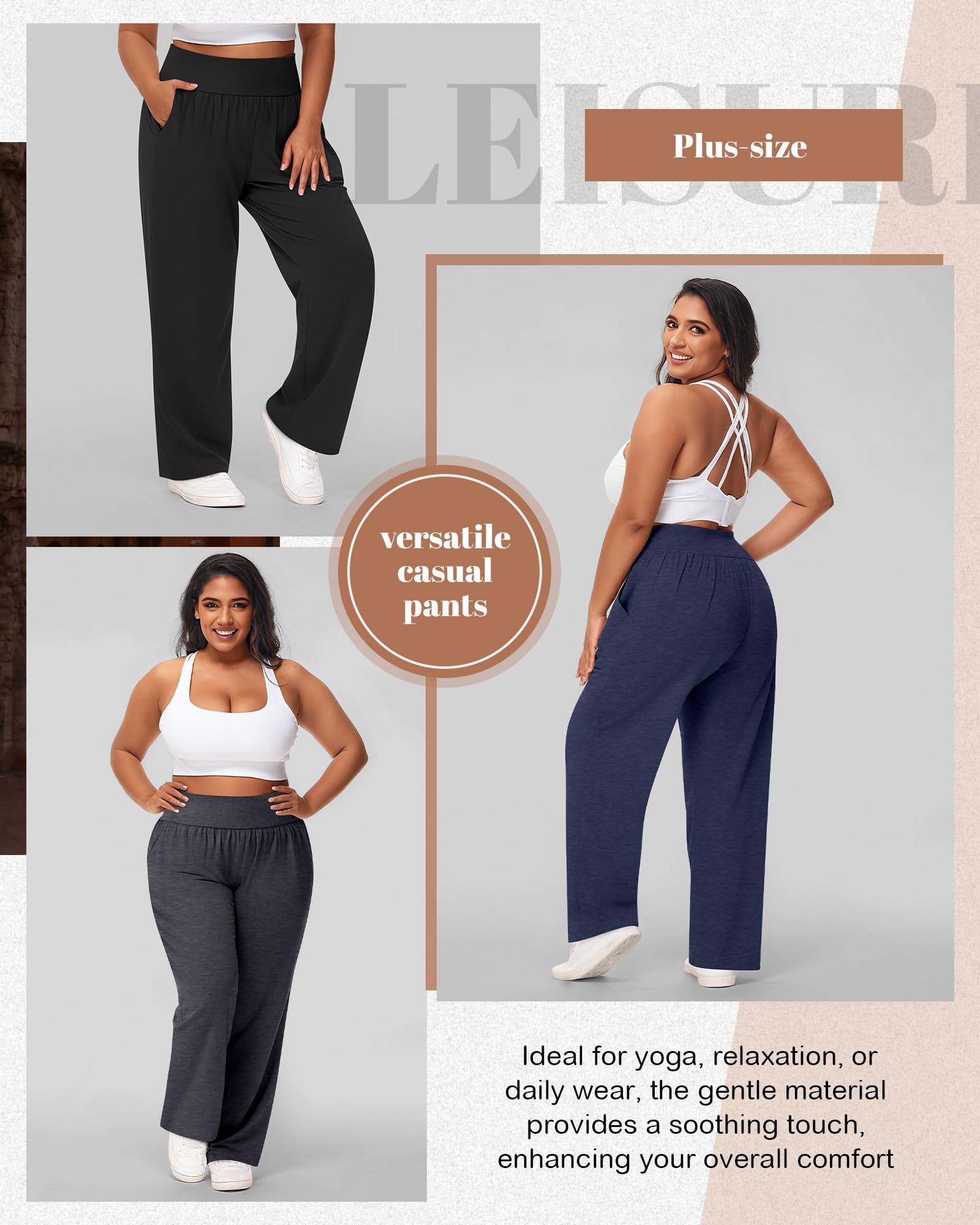 Neer Lot de 3 pantalons de yoga à jambes larges pour femme - Taille haute - Pantalon de survêtement Palazzo avec poches