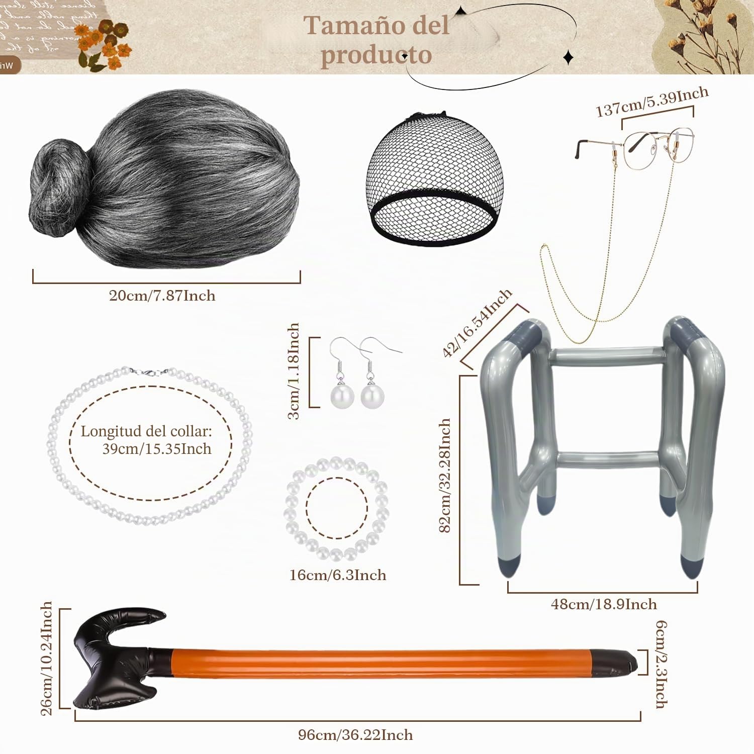 Disfraz Abuela Peluca Abuela Peluca Gris Collar de Perlas Artificiales Pulseras Orecchini de Perla Artificiales Cadena de Gafa Bastón Caminar Andador Inflable para Juego de Roles Halloween Carnaval