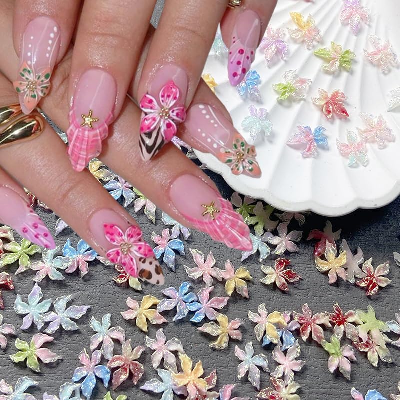 60 Pcs Flower Nail Charms for Acrylic Nails 3D Hibiscus Flowers Nail Rhinestones Glow in Dark Floral Design Nail Art Charms Luminous Spring and Summer