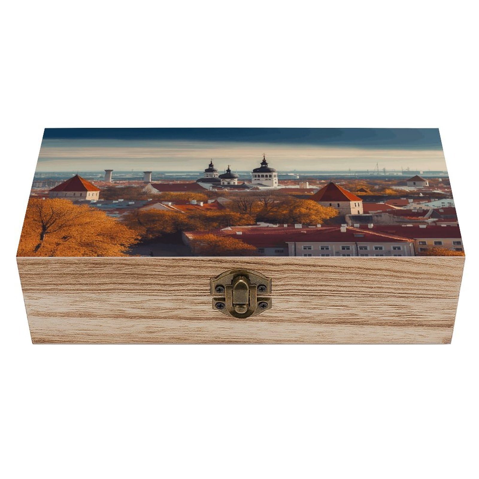 VstaDank Tallinn Estonia Cityscape Wooden Storage Box Wooden Keepsake Box with Hinged Lid Exquisite Solid Wood Decorative Jewelry Case Memory Box for Jewelry Photos Letters Crafts Trinkets