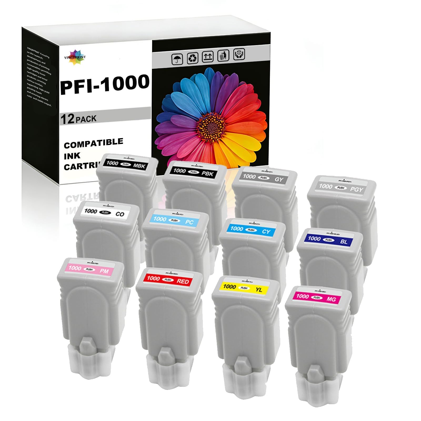 PFI1000 Wkład atramentowy kompatybilny z PFI-1000, 80 ml, zestaw 12 wymiennych do drukarki Canon imagePROGRAF PRO-1000(MBK, PBK, C, M, Y, R, PM, GY, PC, CO, PGY, B)